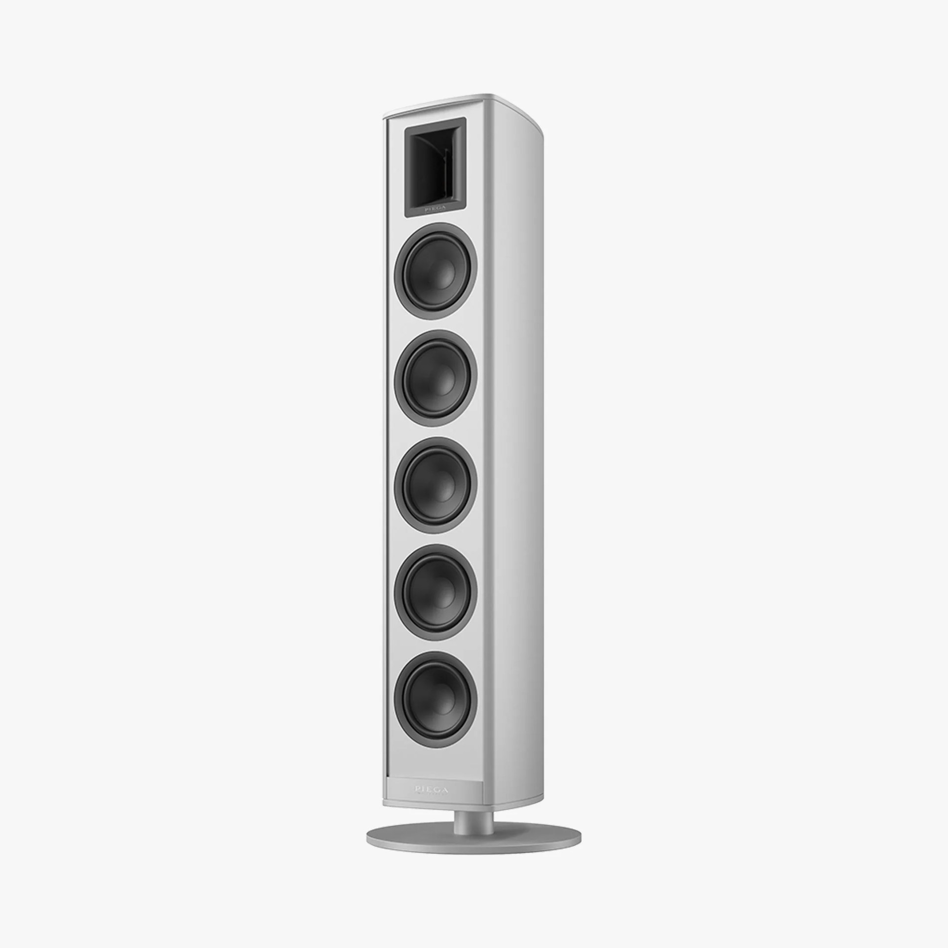 Tall silver floor-standing speaker with five black drivers and a round base.