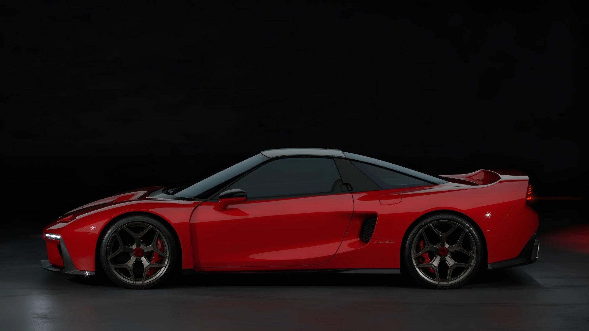 Sleek red sports car with black roof and dark alloy wheels on a dark background.