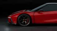 Close-up of the front side of a red sports car with black and red alloy wheel and black side mirror against a dark background.