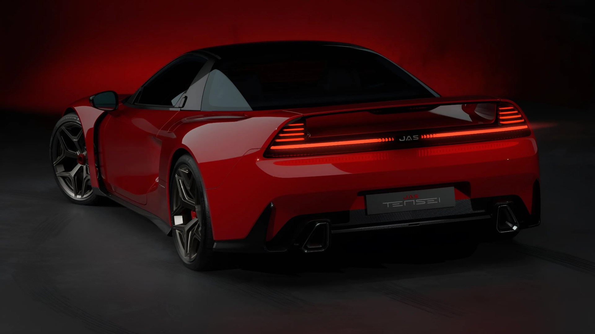 Red sports car with black roof and illuminated rear lights on a dark floor with red background.