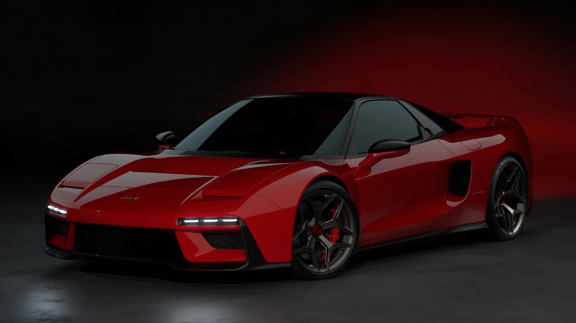 Red sports car with black roof and modern LED headlights in a dark studio setting.