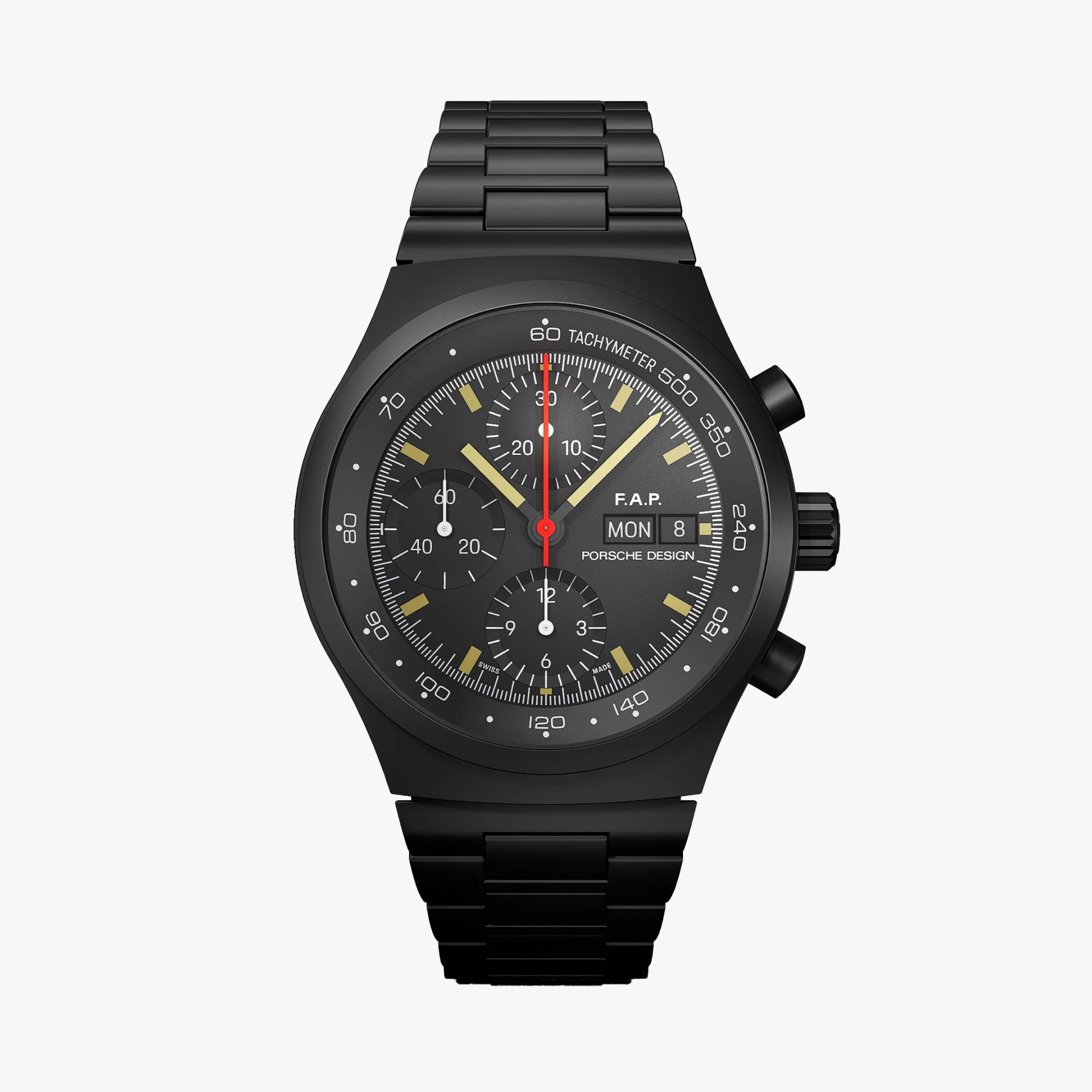 Black Porsche Design chronograph watch with tachymeter scale, three subdials, and metal link bracelet.