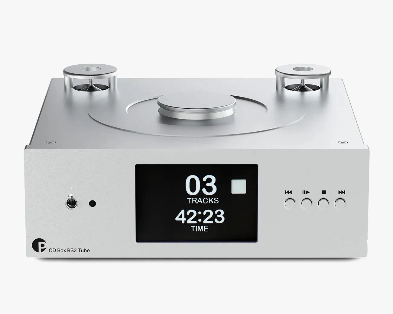 Silver CD player with digital display showing track and time, featuring control buttons and dual circular components on top.