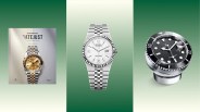 Three Rolex watches displayed against a green gradient background: a two-tone Datejust on a book cover, a silver Land-Dweller with a white textured dial, and a black Submariner watch face on a stand.