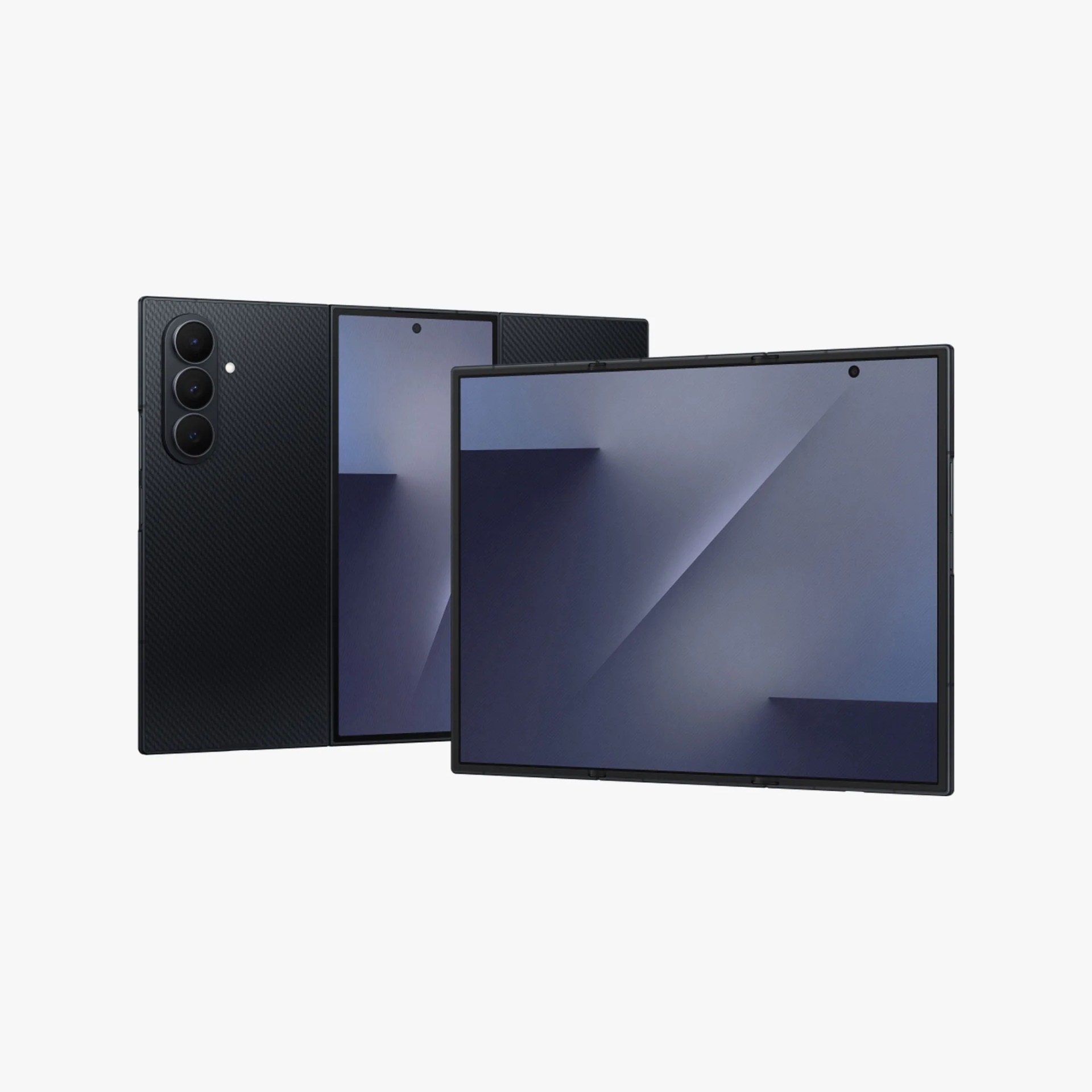 Black foldable smartphone with triple rear cameras and large unfolded display showing abstract wallpaper.