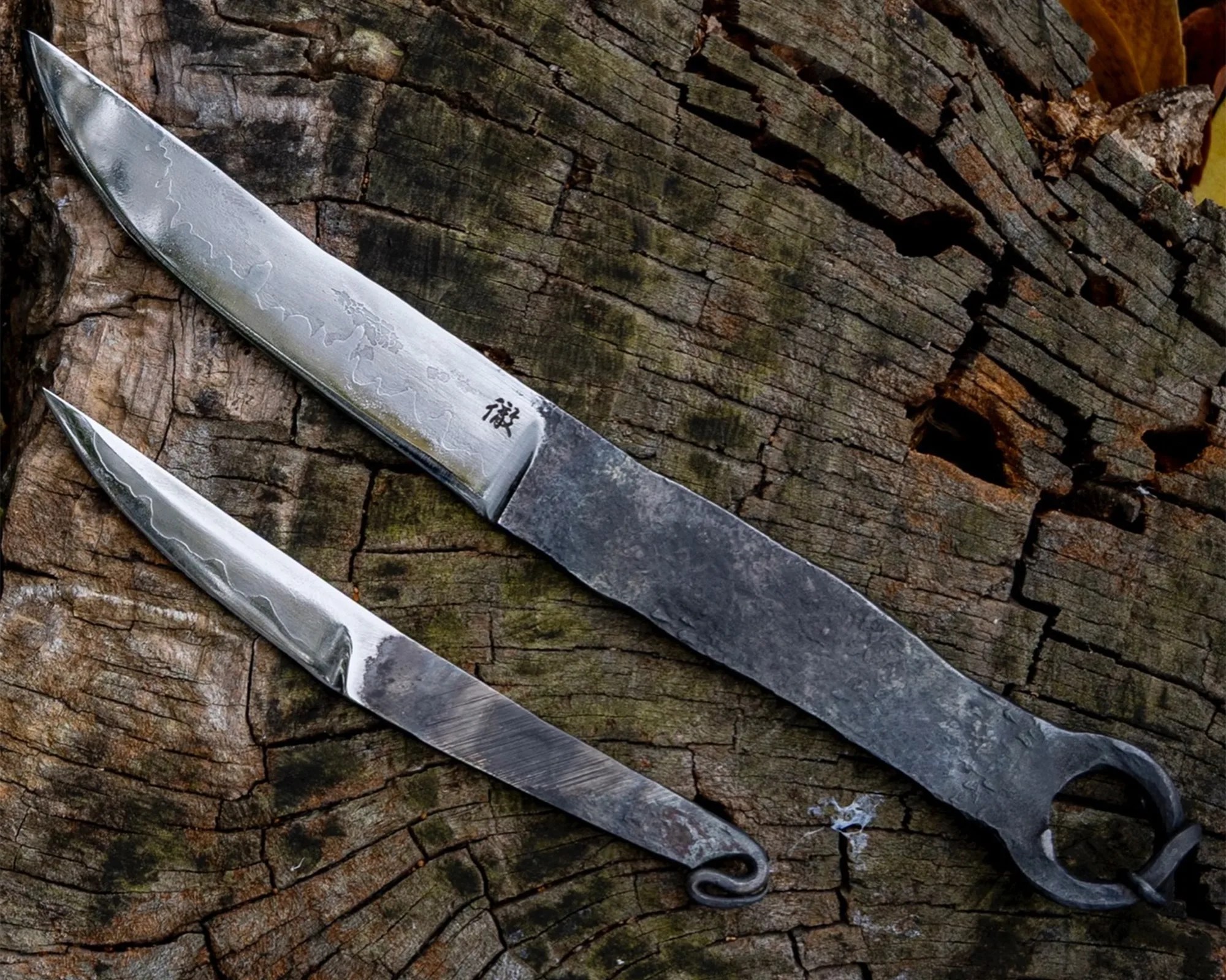 Two handcrafted knives with polished blades and dark, textured handles resting on a weathered tree stump.