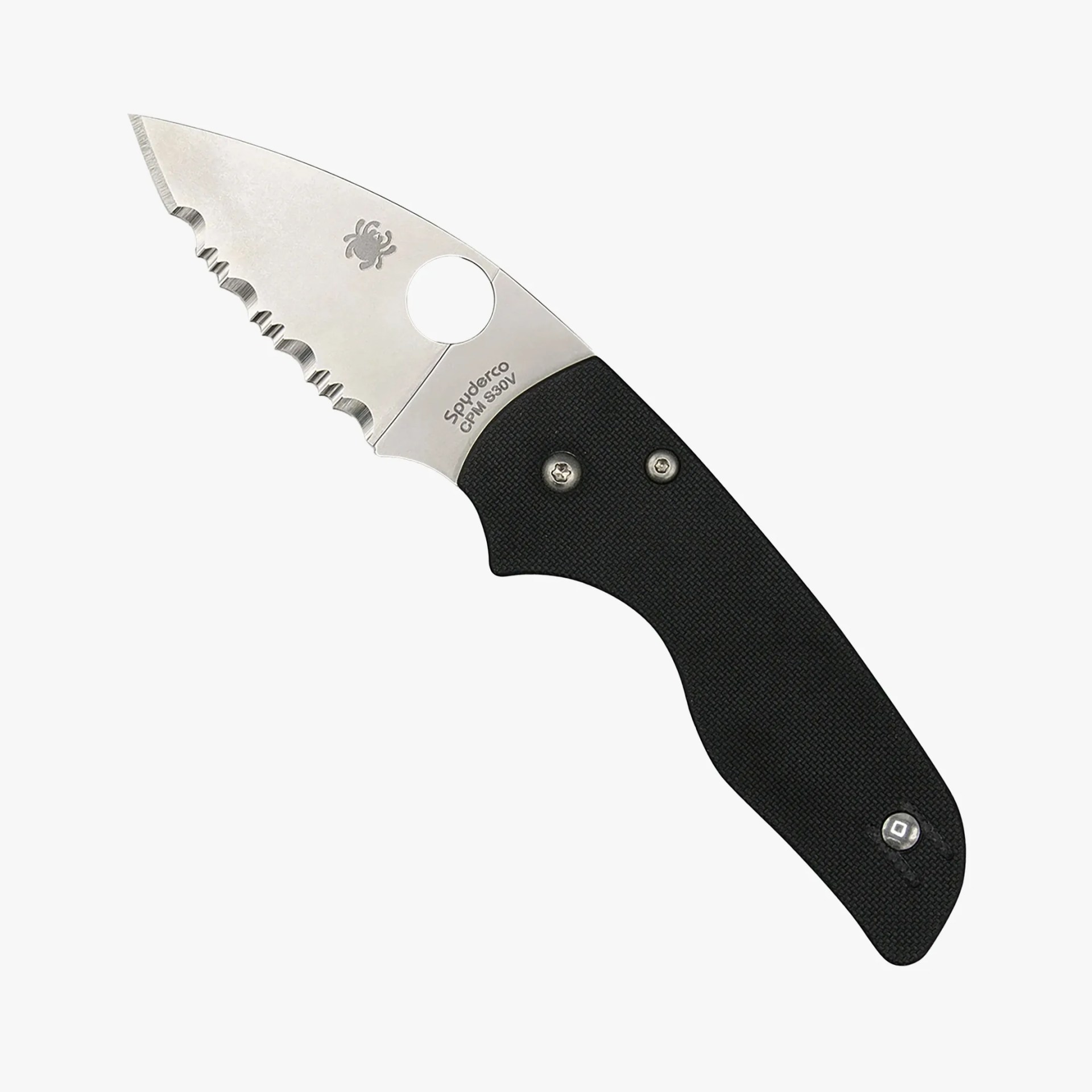 Folding knife with a partially serrated stainless steel blade and black textured handle.