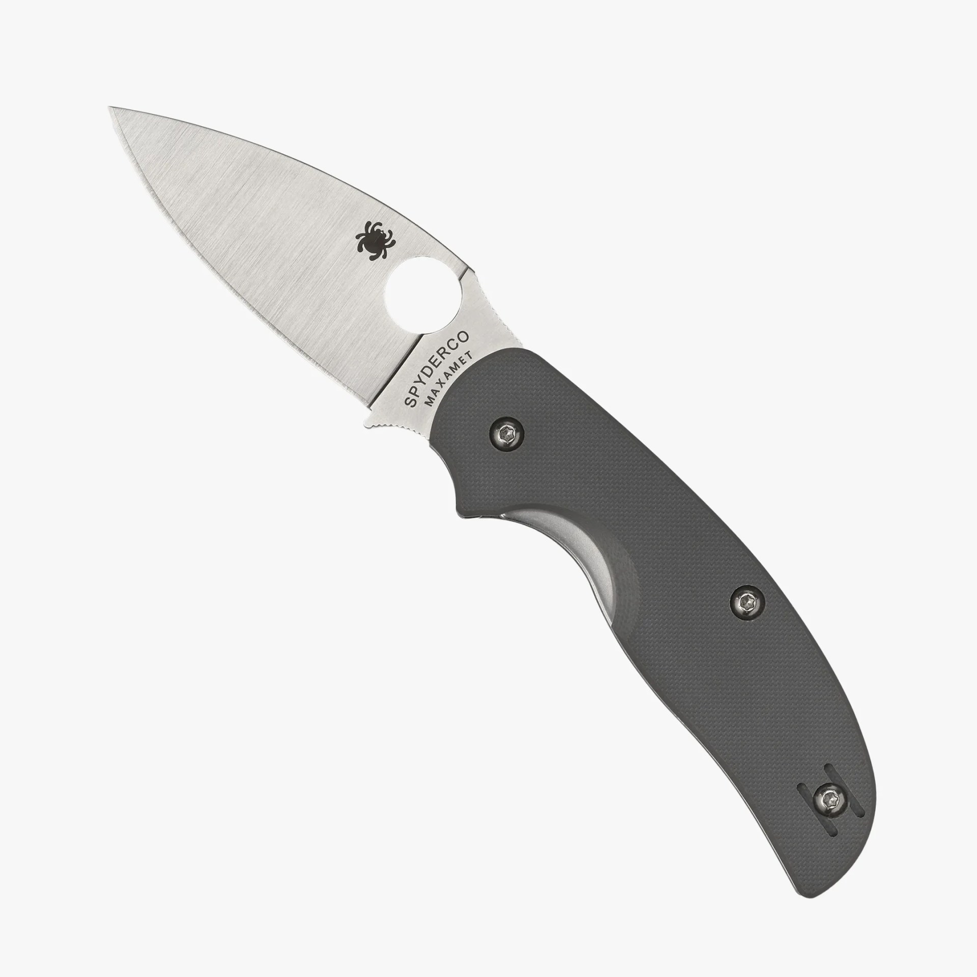 Folding knife with a stainless steel blade and gray textured handle, marked "Spyderco Maxamet.