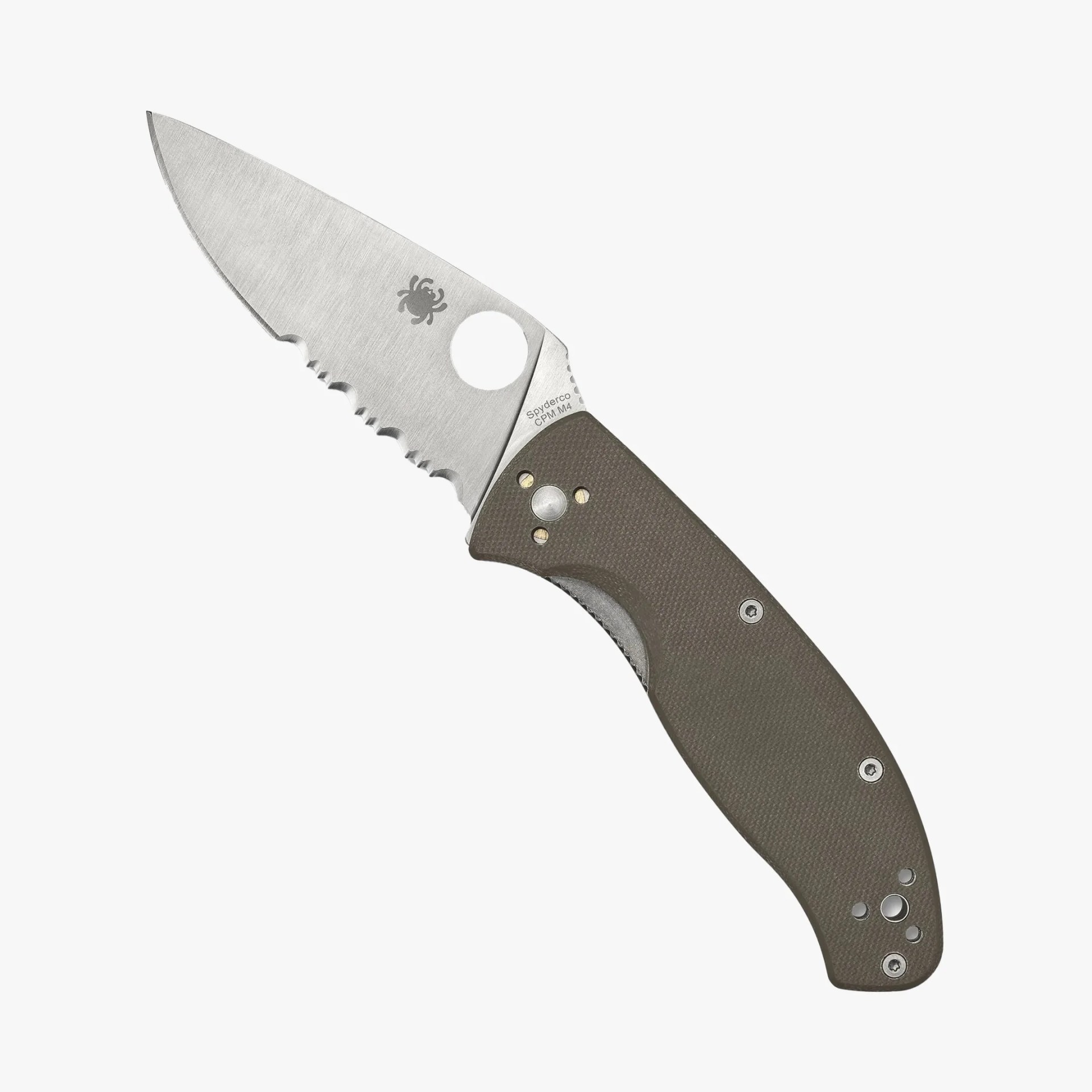 Folding knife with partially serrated stainless steel blade and textured dark green handle.