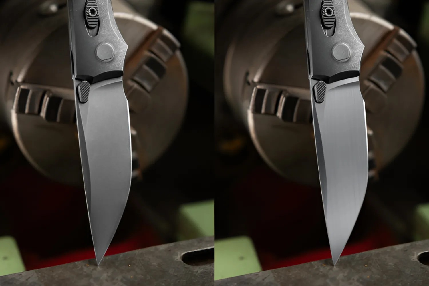 Side-by-side close-up of a folding knife blade before and after sharpening on a metal surface.