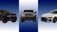 Three Ford vehicles against a blue gradient background: black SUV on left, white Bronco front view in center, white Mustang front corner on right.