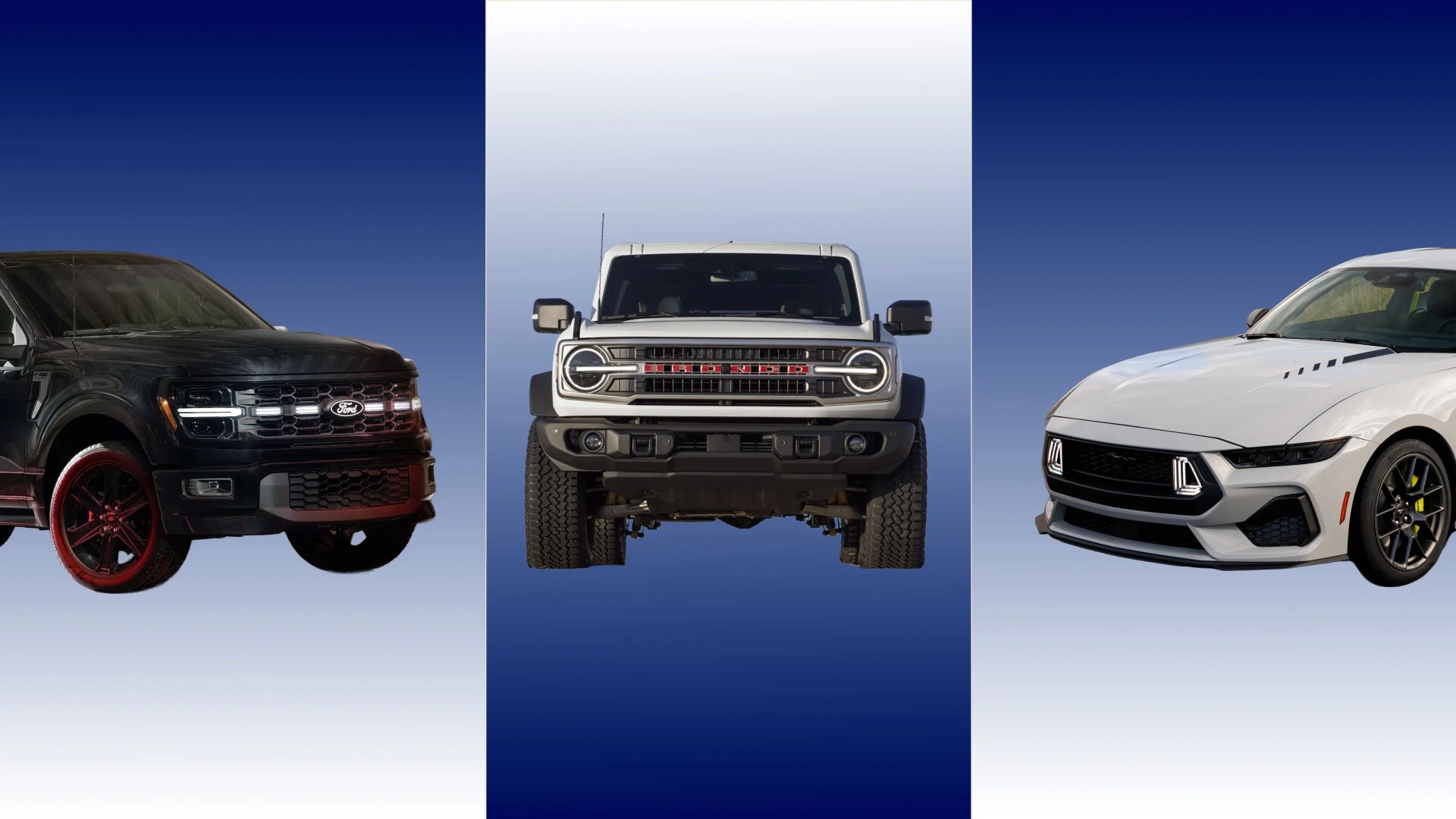 Three Ford vehicles against a blue gradient background: black SUV on left, white Bronco front view in center, white Mustang front corner on right.