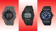 Three Casio G-Shock watches: left is a gray digital with rugged design and fabric strap, center is a black digital with square face and resin strap, right is a blue analog-digital with patterned dial and resin strap.