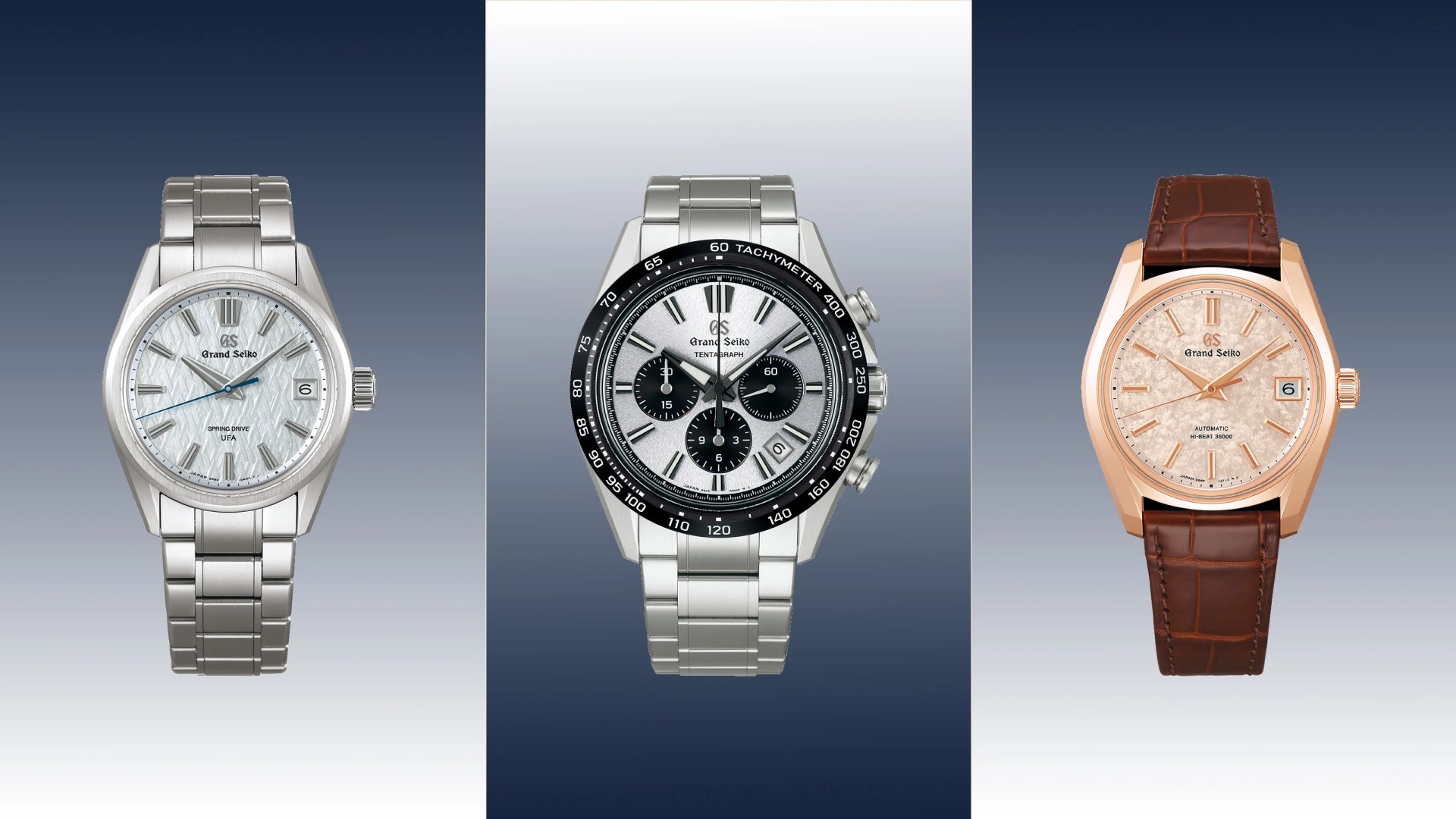 Three Grand Seiko wristwatches: left silver with textured white dial and metal bracelet, center silver chronograph with black bezel and metal bracelet, right rose gold with textured dial and brown leather strap.