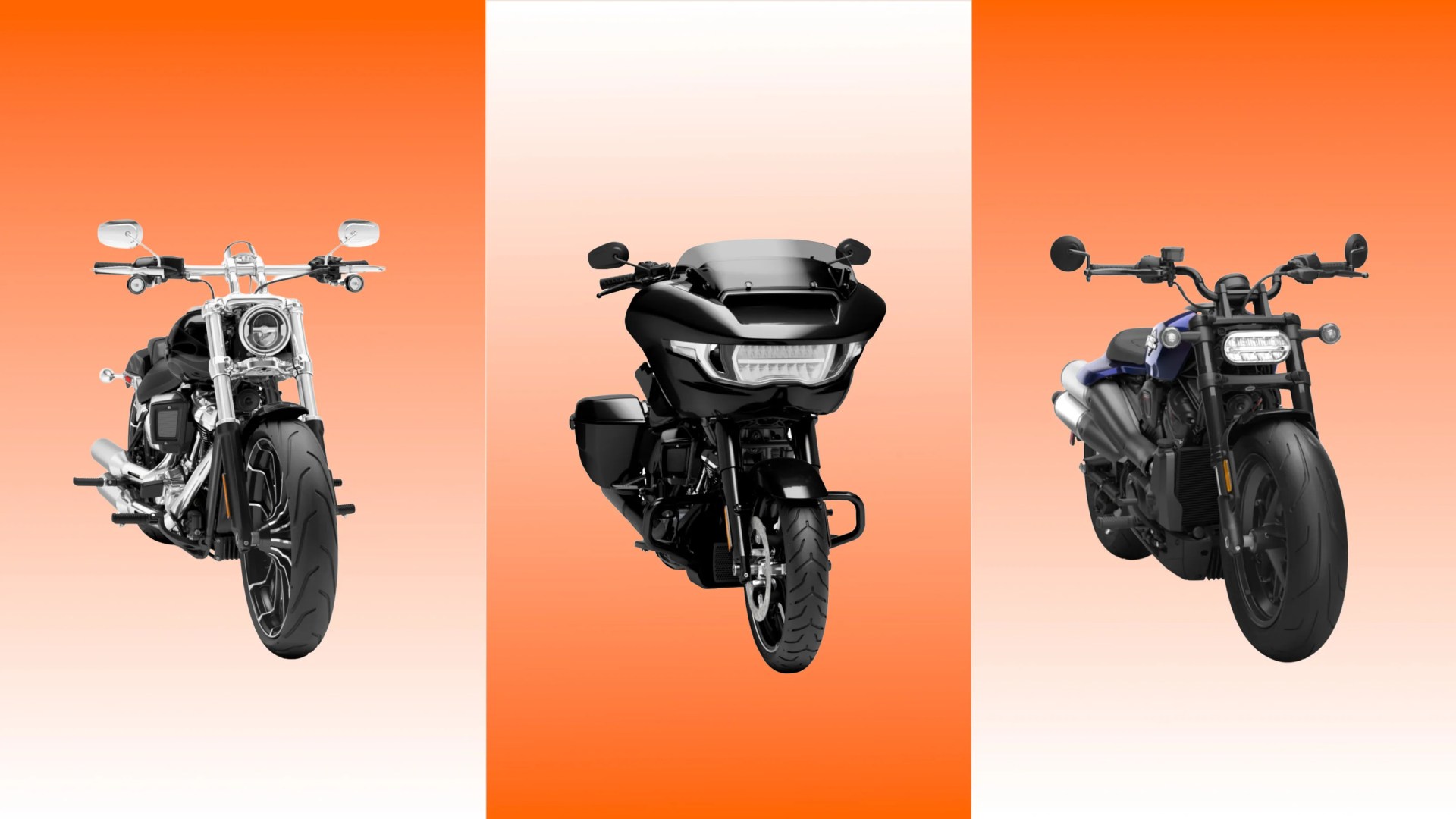 Three motorcycles shown front-facing against an orange gradient background, with the left bike in black and chrome, the center bike in all black with a large front fairing, and the right bike in black and blue with a rectangular headlight.