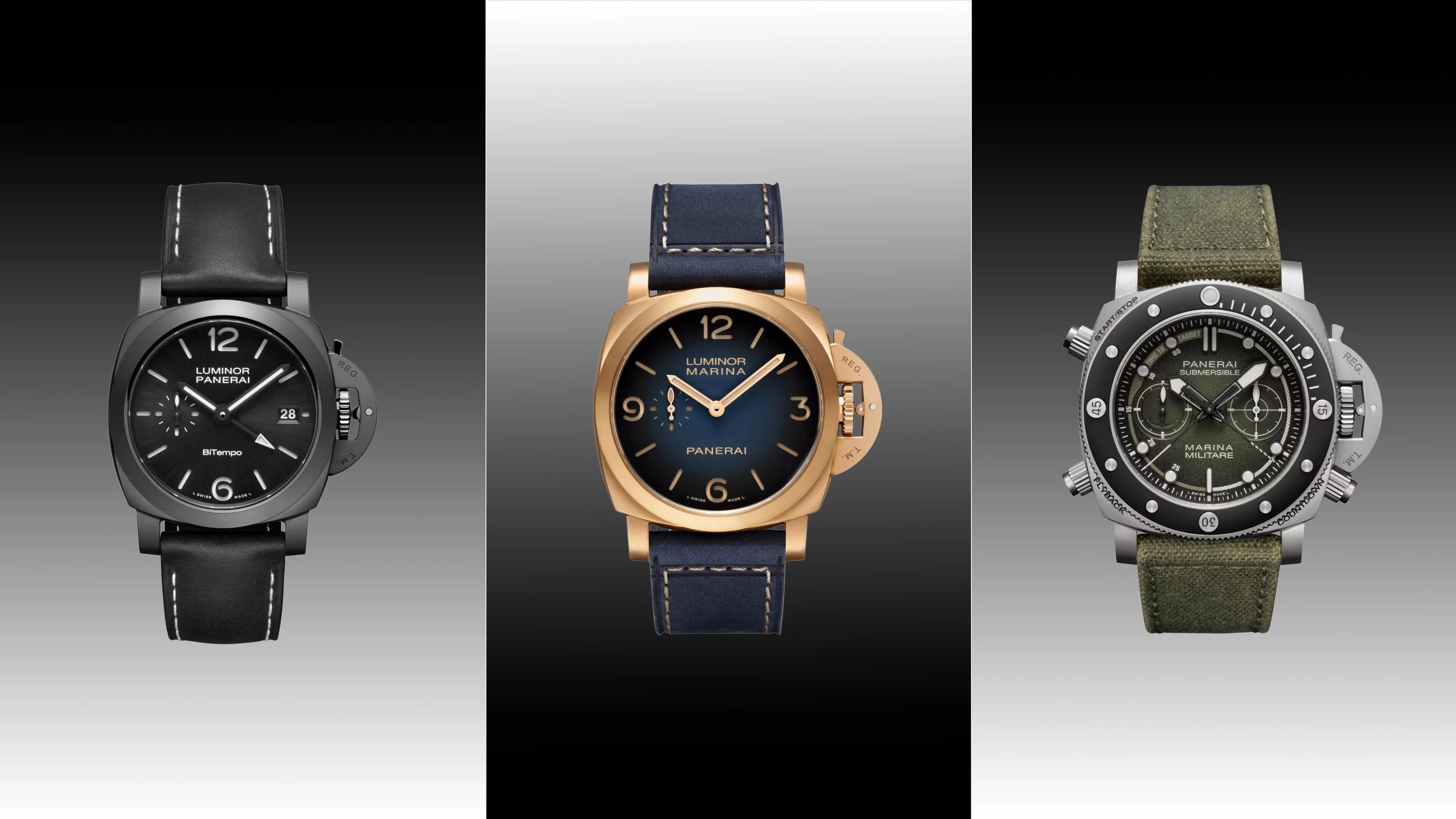 Three Panerai wristwatches: left black with black leather strap, center gold with blue leather strap, right silver with green fabric strap.
