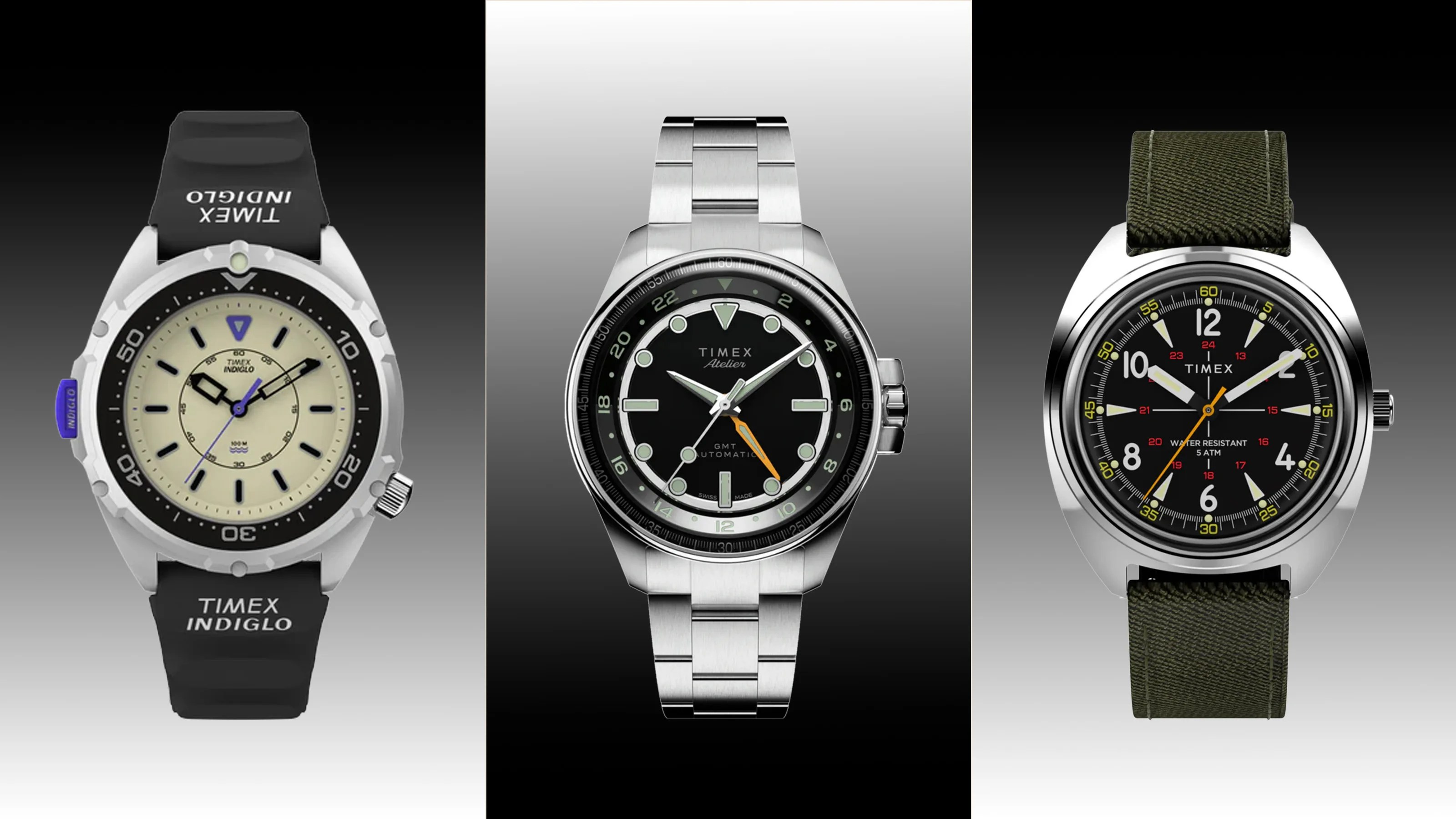 Three Timex wristwatches: left with black rubber strap and cream dial, center with silver metal bracelet and black dial, right with green fabric strap and black dial.