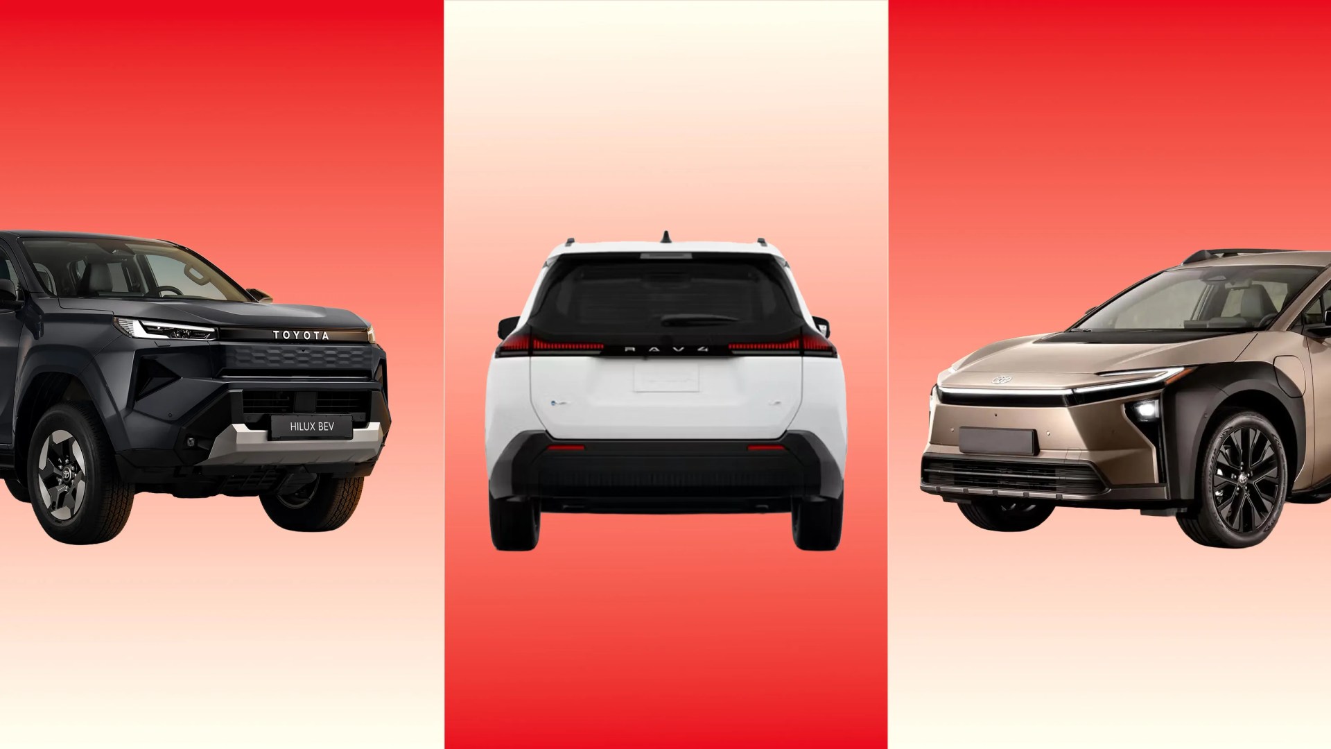 Three Toyota electric vehicles on a red gradient background, showing a black Hilux BEV front left, a white RAV4 rear center, and a bronze bZ4X front right.