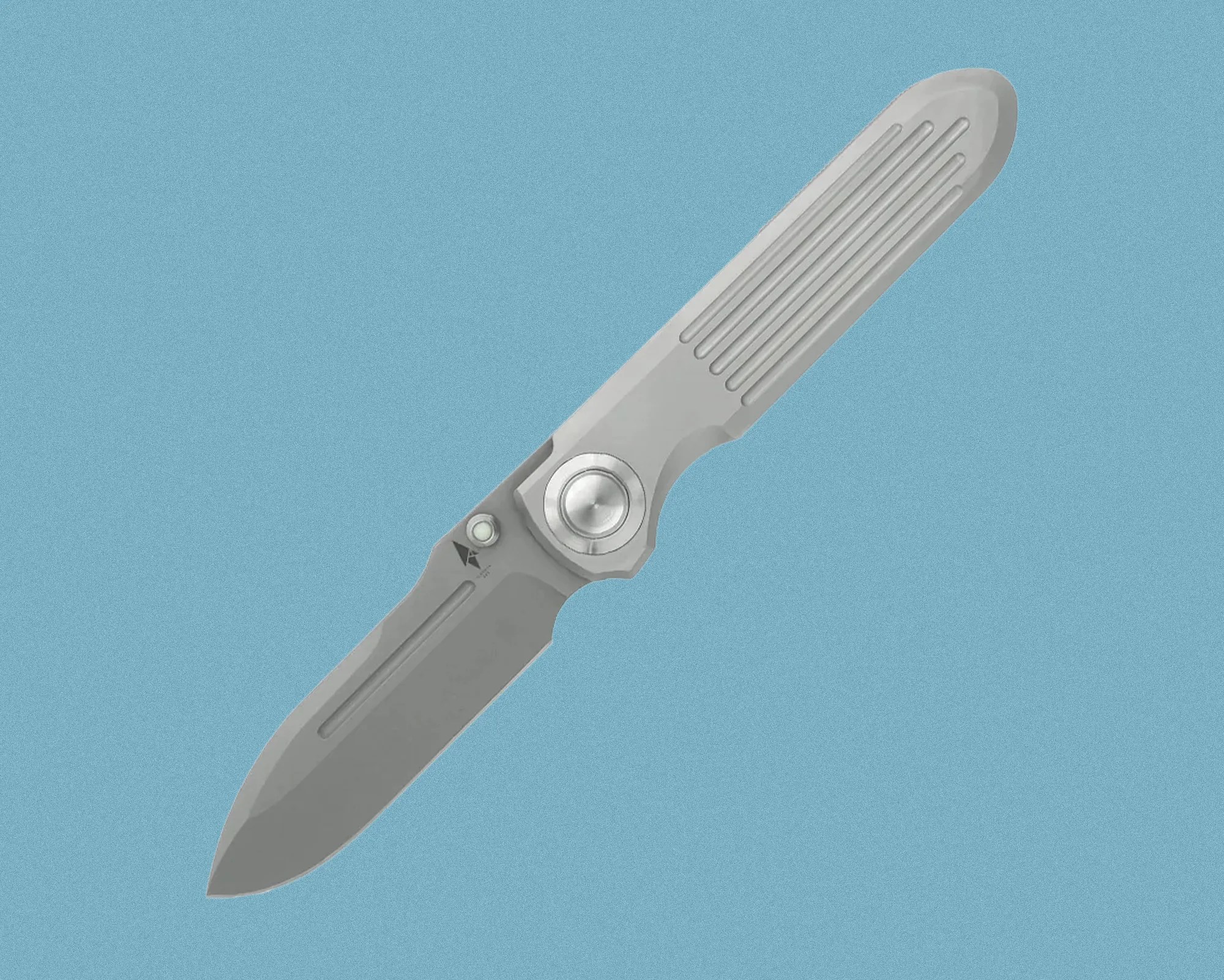 Gray folding knife with a textured handle and a thumb stud on a blue background.