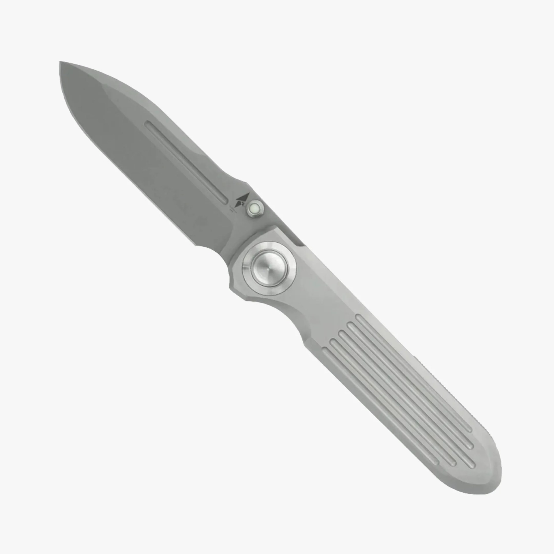 Silver folding knife with a grooved handle and a drop point blade.