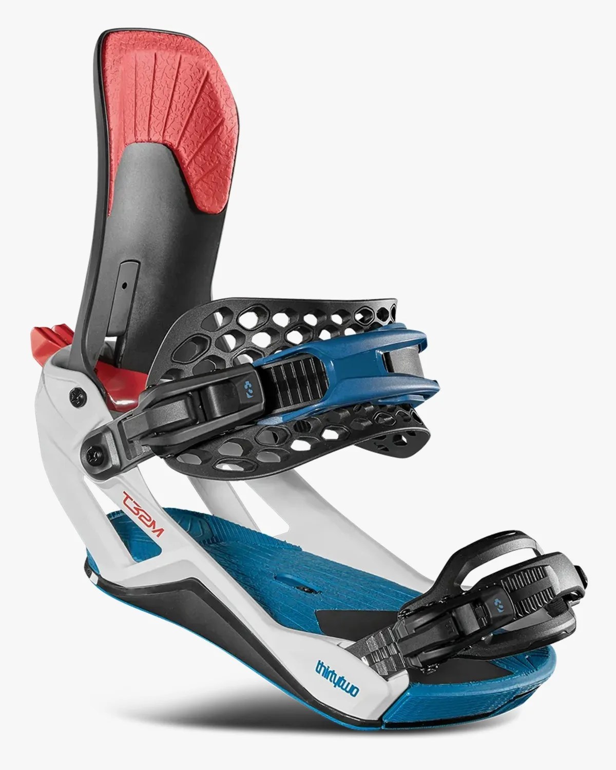 White and blue ThirtyTwo snowboard binding with black and blue straps and red padded highback.