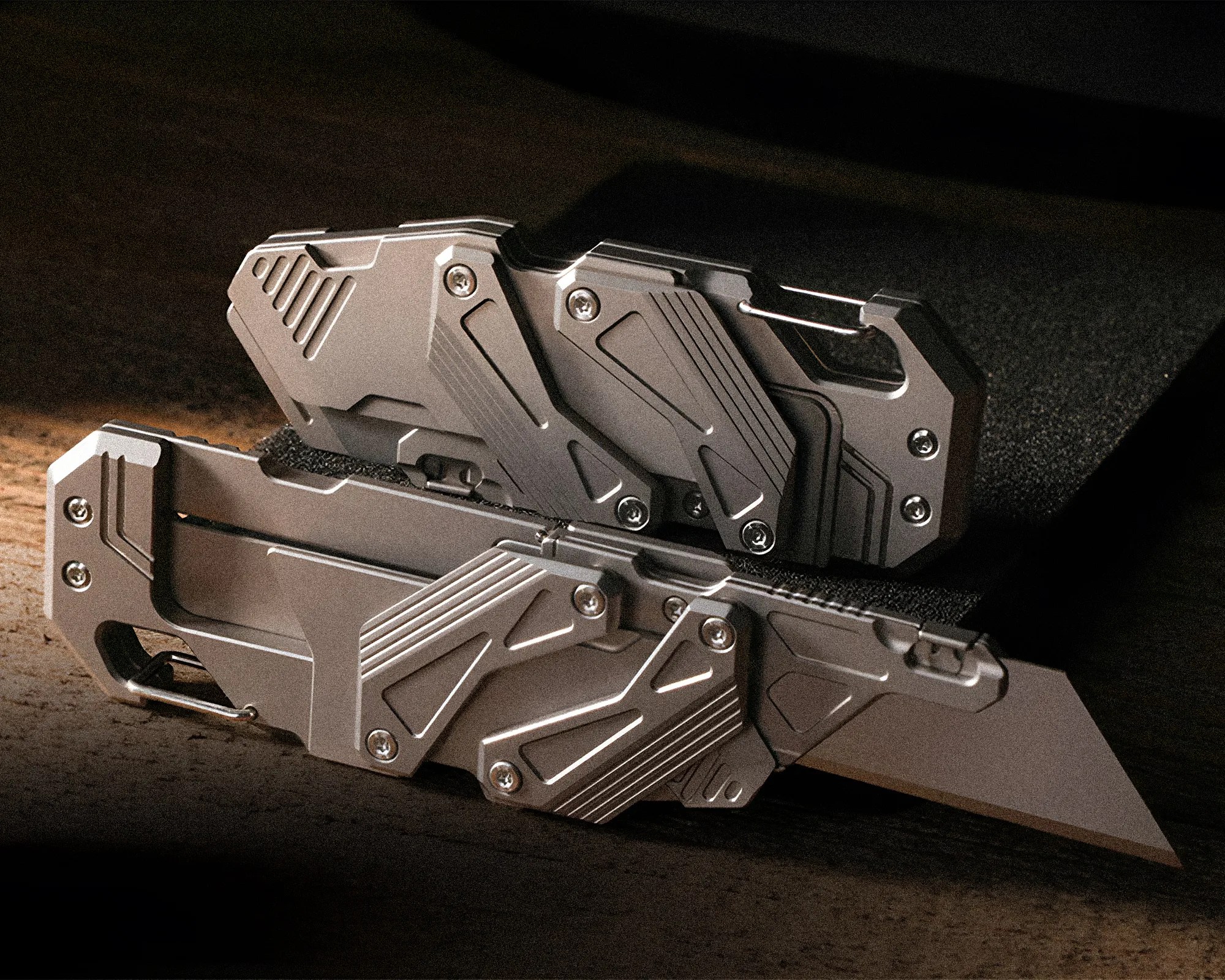 Folded and partially open tactical folding knife with a metallic, angular, and textured handle on a wooden surface.