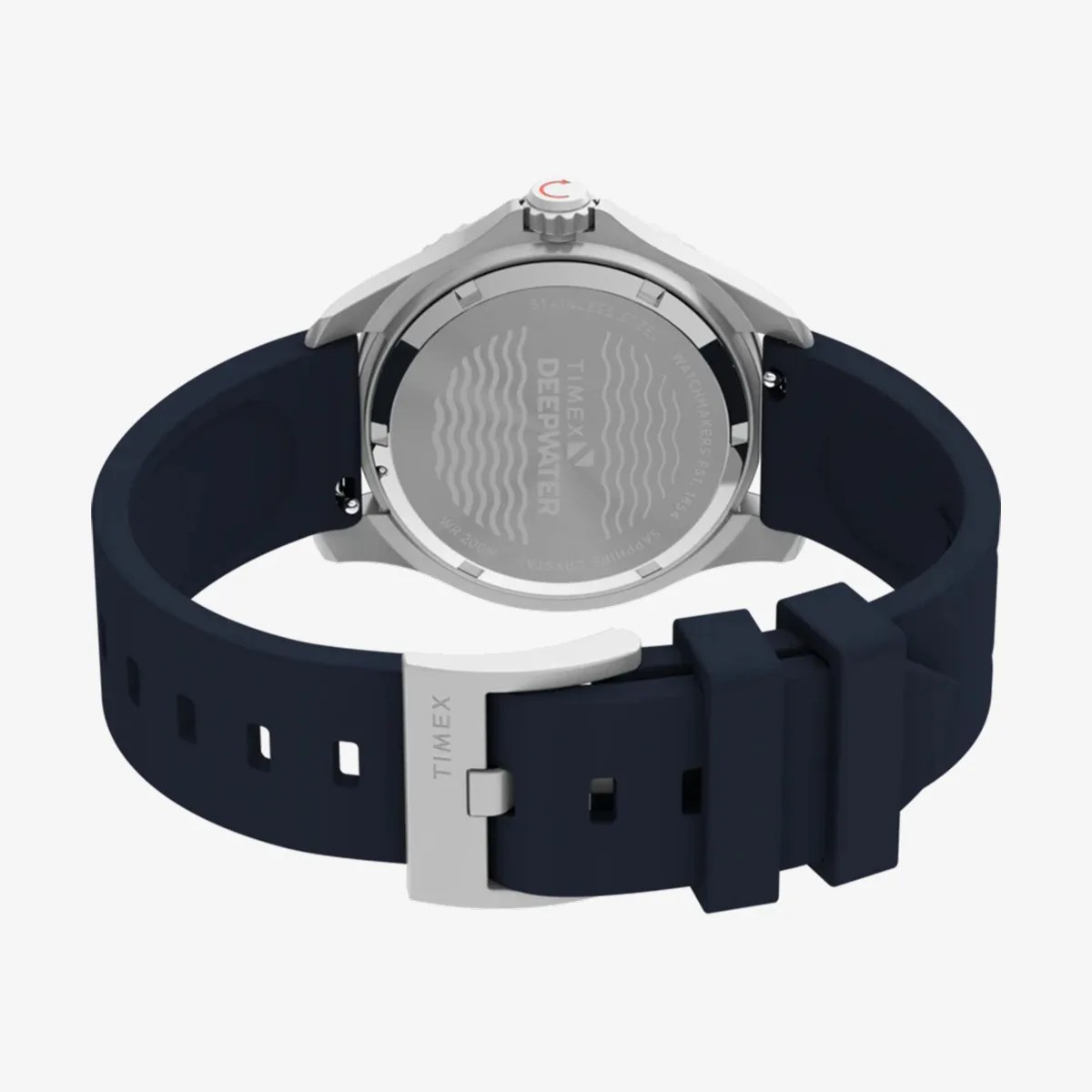 Timex Deepwater watch with stainless steel case back and navy blue silicone strap with metal buckle.