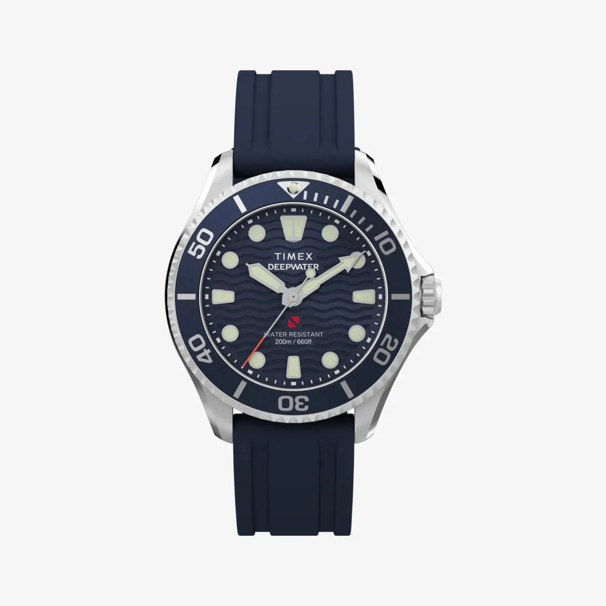 Navy blue Timex Deepwater dive watch with silver bezel and silicone strap.