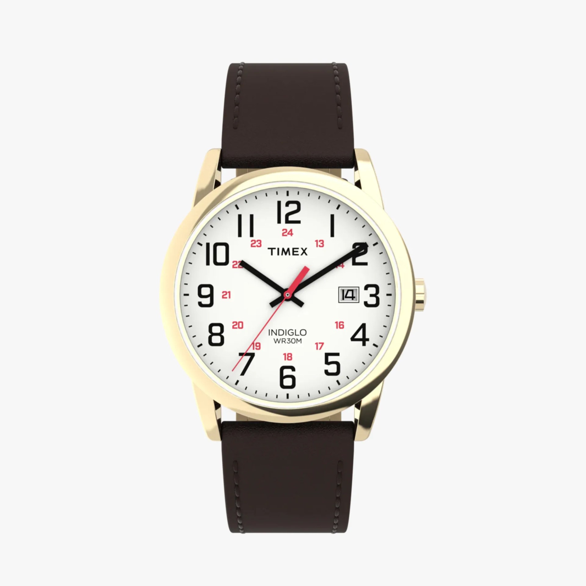 Timex wristwatch with gold-tone case, white dial, black numerals, red second hand, and dark brown leather strap.
