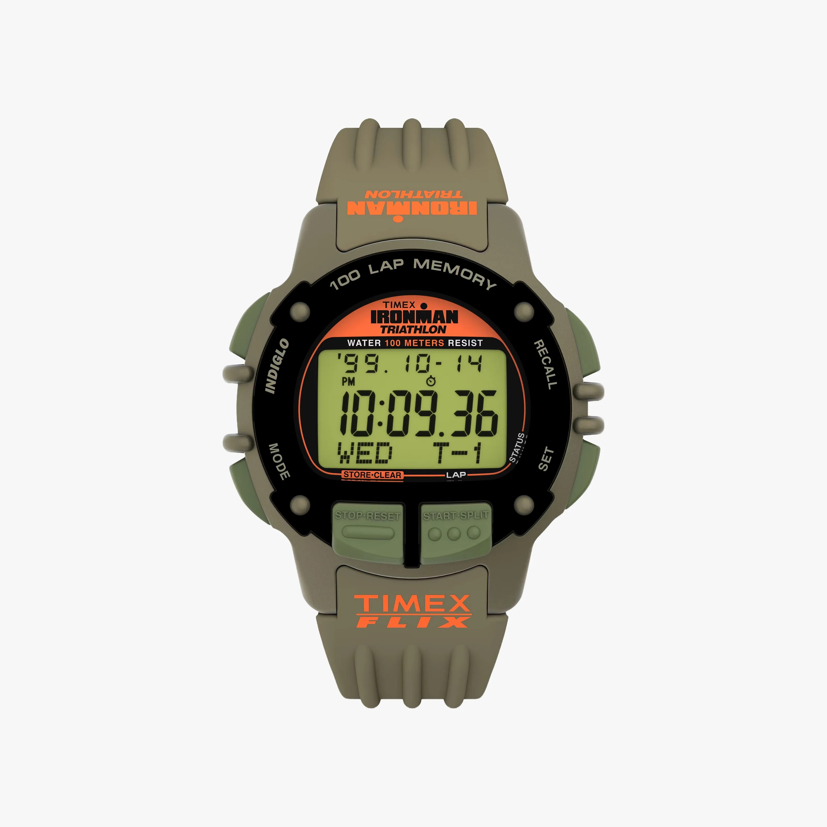 Digital Timex Ironman Triathlon watch with olive green strap and orange accents showing time and date.