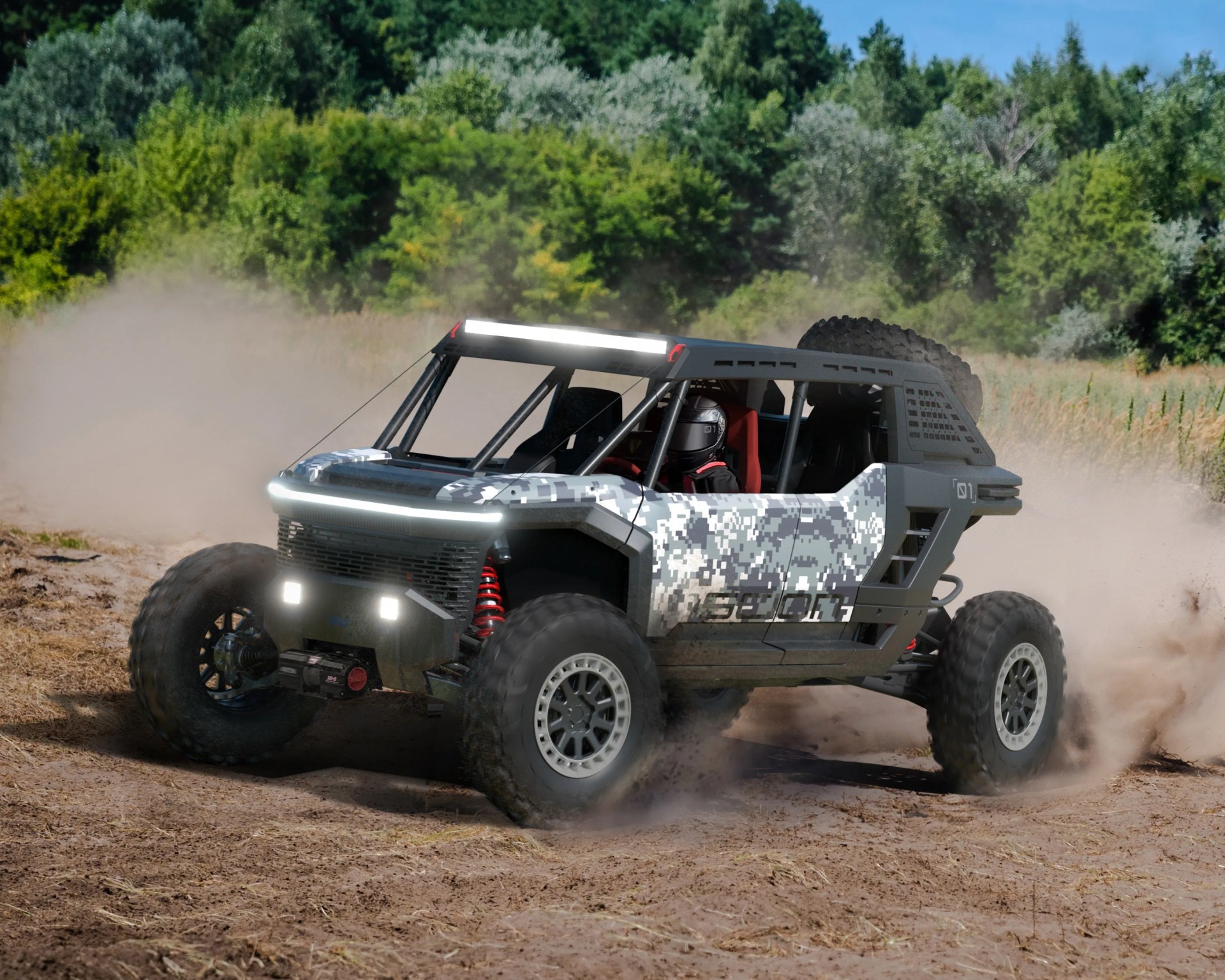 Off-road vehicle with digital camouflage pattern and bright LED lights kicking up dust on a dirt trail.