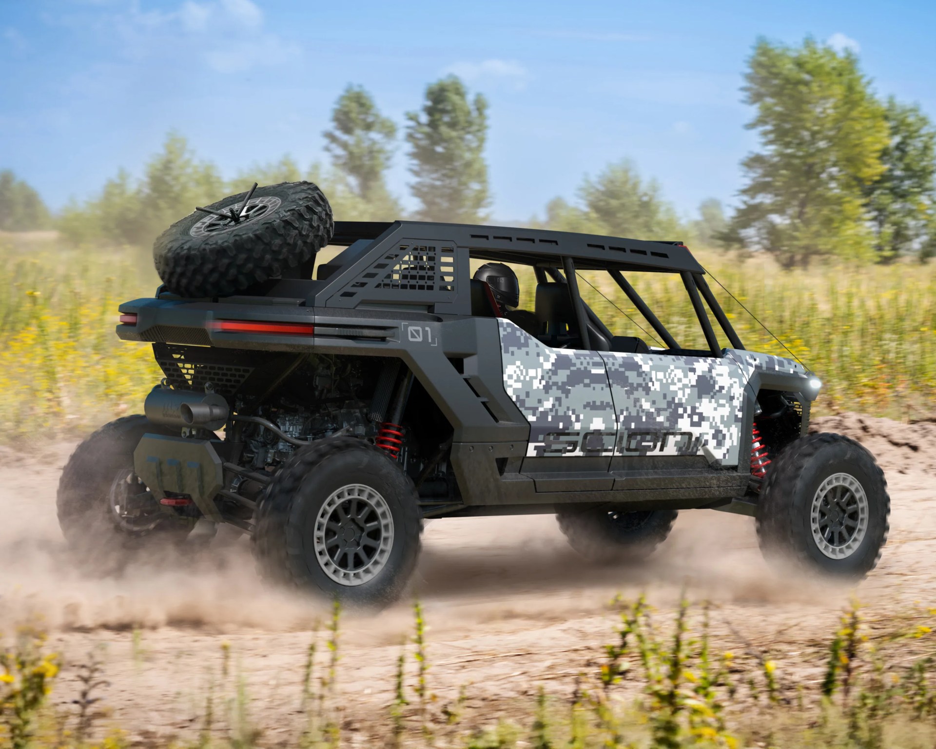 Off-road vehicle with digital camouflage pattern and spare tire kicking up dust on a dirt trail.