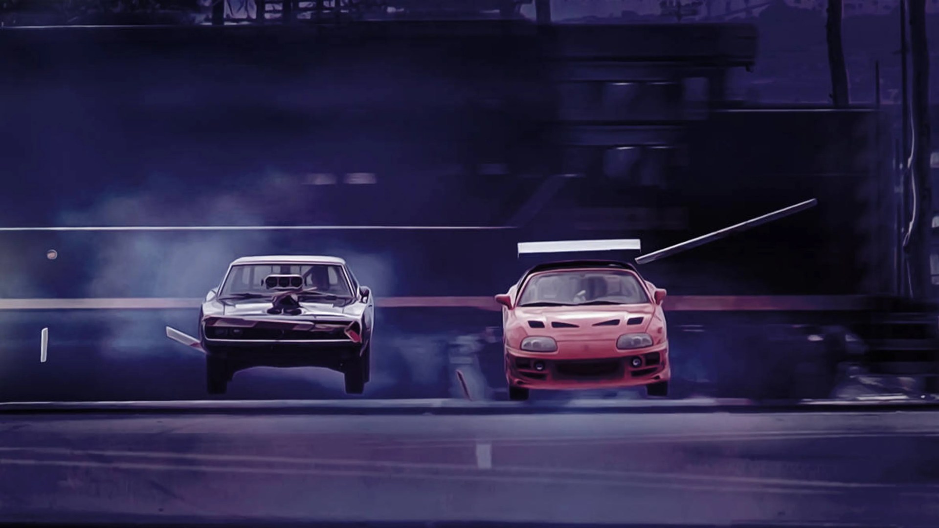 Two sports cars, one black and one red, racing side by side on a smoky drag strip at night.