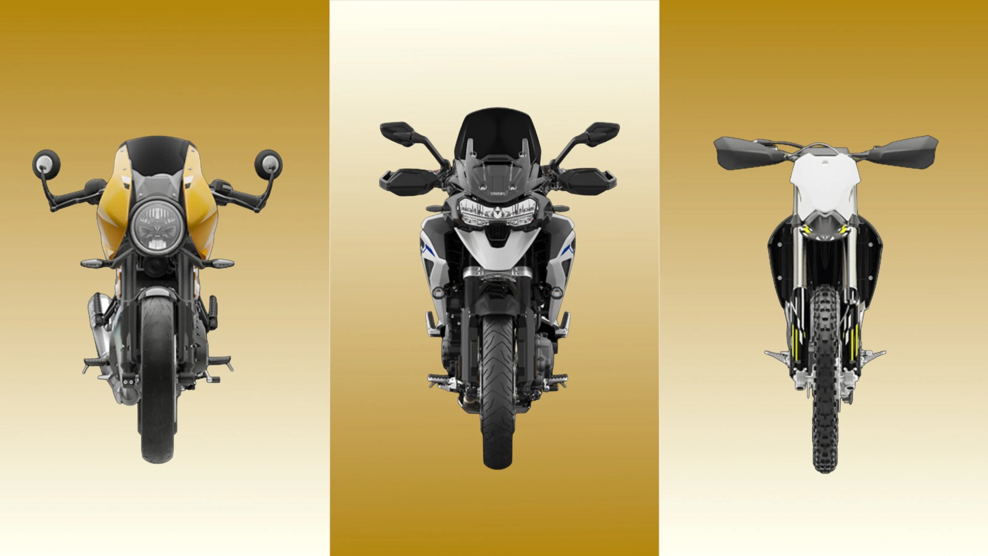 Three motorcycles shown front-facing against a gradient gold background, with the left bike in yellow, the center bike in white and black, and the right bike in white and black with knobby tires.