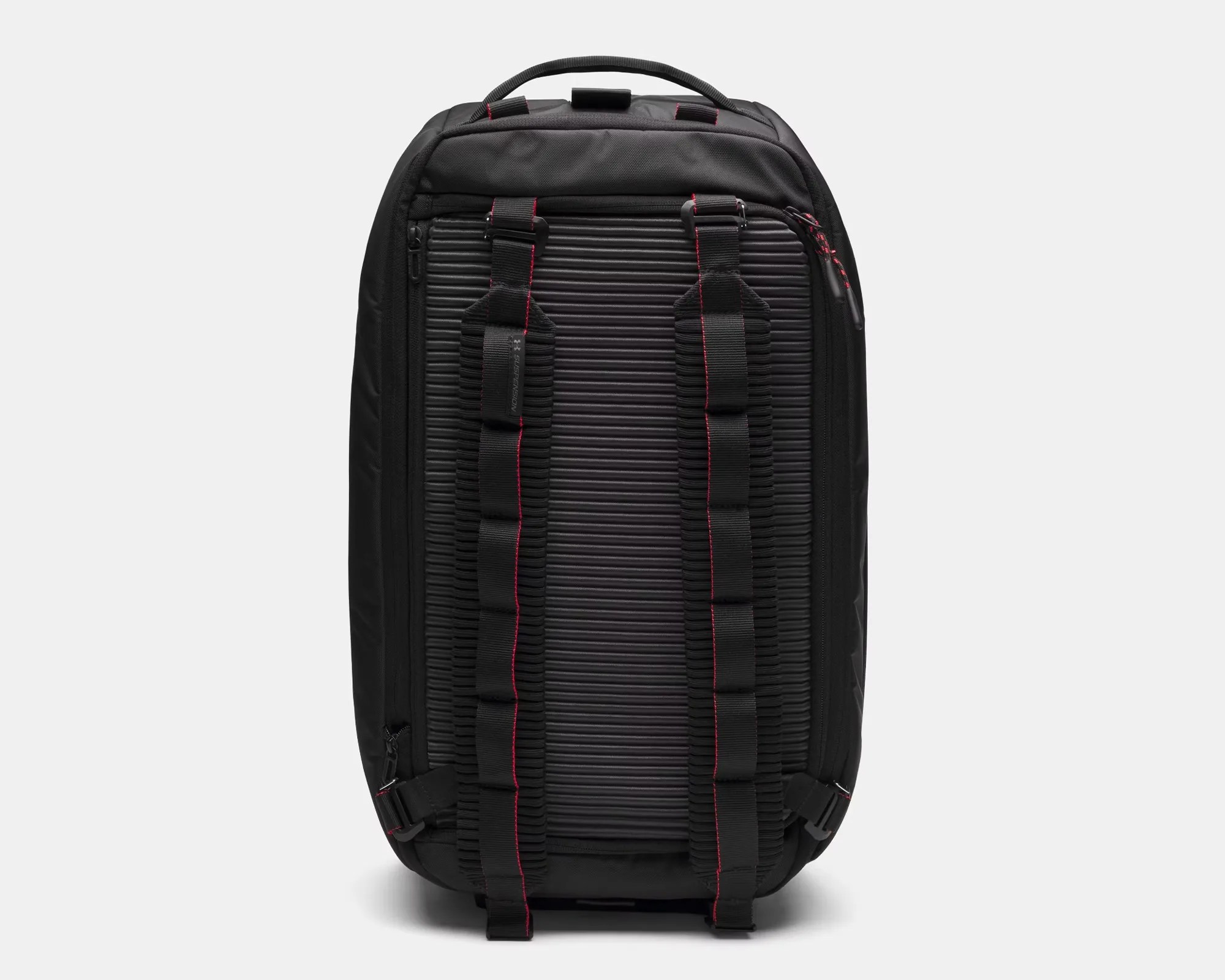 Black backpack with ribbed back panel and padded shoulder straps featuring red stitching.