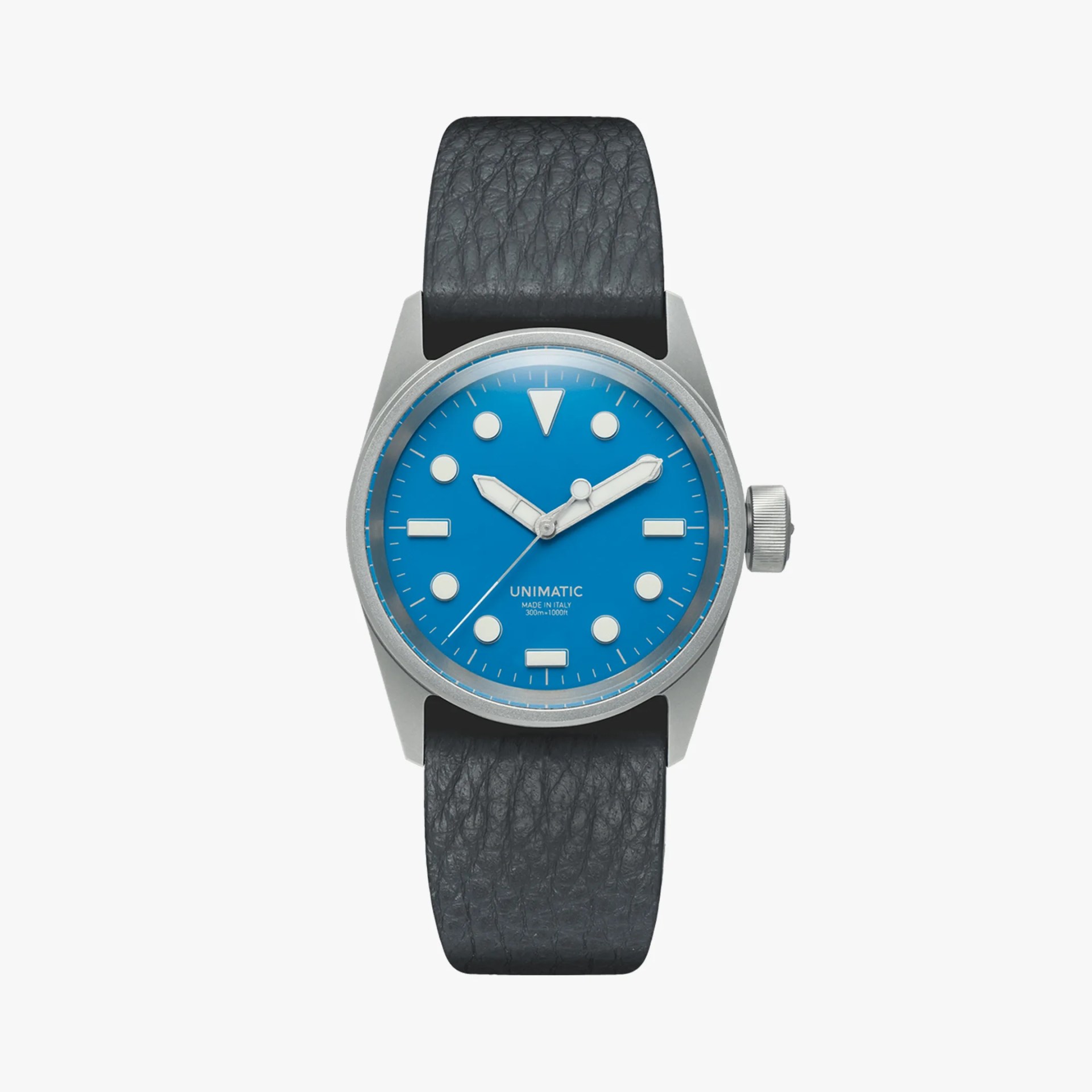 Silver stainless steel watch with bright blue dial and black textured leather strap.