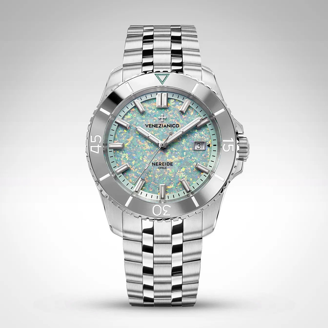 Silver stainless steel wristwatch with a multicolored opal dial and date display at 3 o'clock.