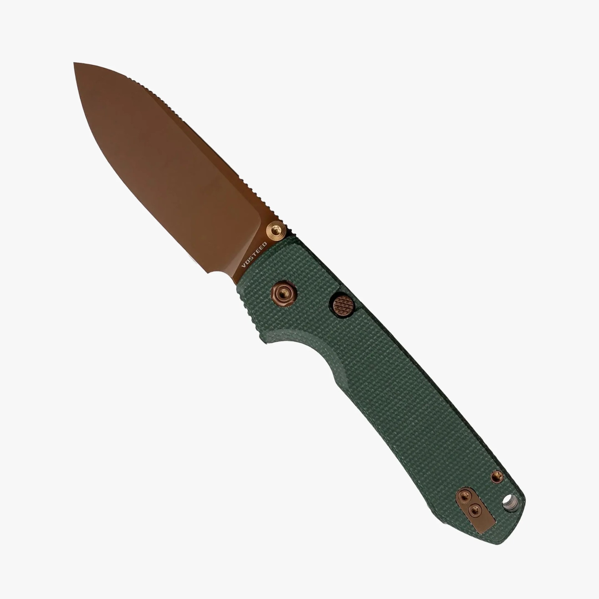 Folding knife with a brown blade and textured green handle featuring bronze hardware.