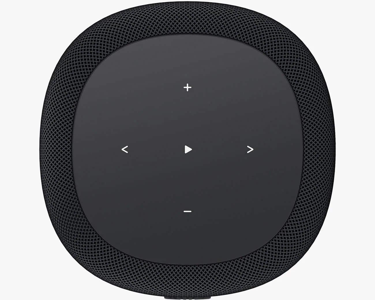 Top view of a black smart speaker with mesh fabric sides and touch controls including volume, play, and skip buttons.