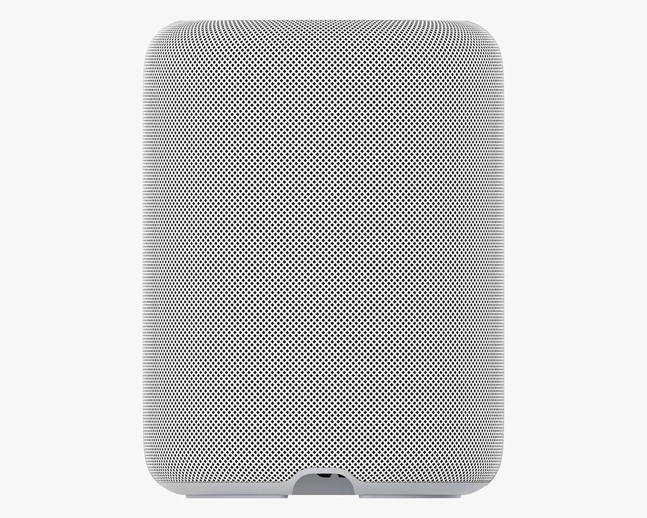 White cylindrical smart speaker with mesh grille covering and rounded top edges.