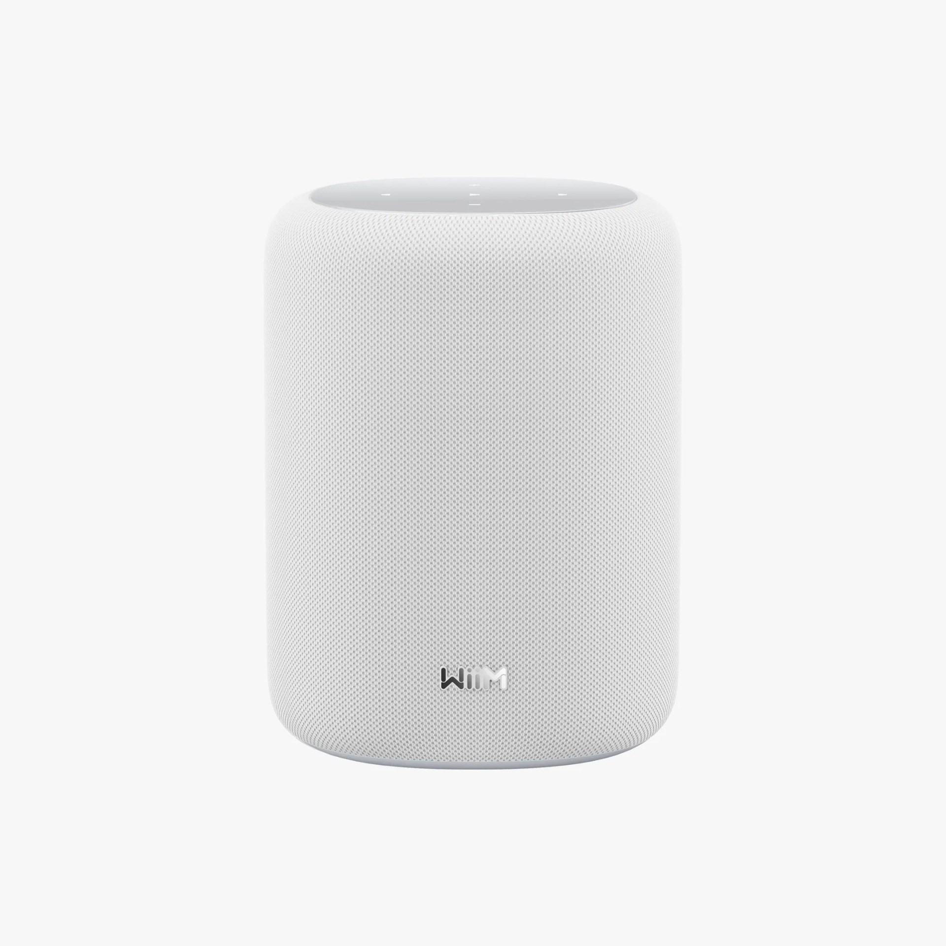 White cylindrical smart speaker with mesh fabric and touch controls on top.