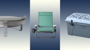 Green mesh YETI folding chair with cup holder, silver YETI fire pit, and gray YETI cooler with white camo lid.