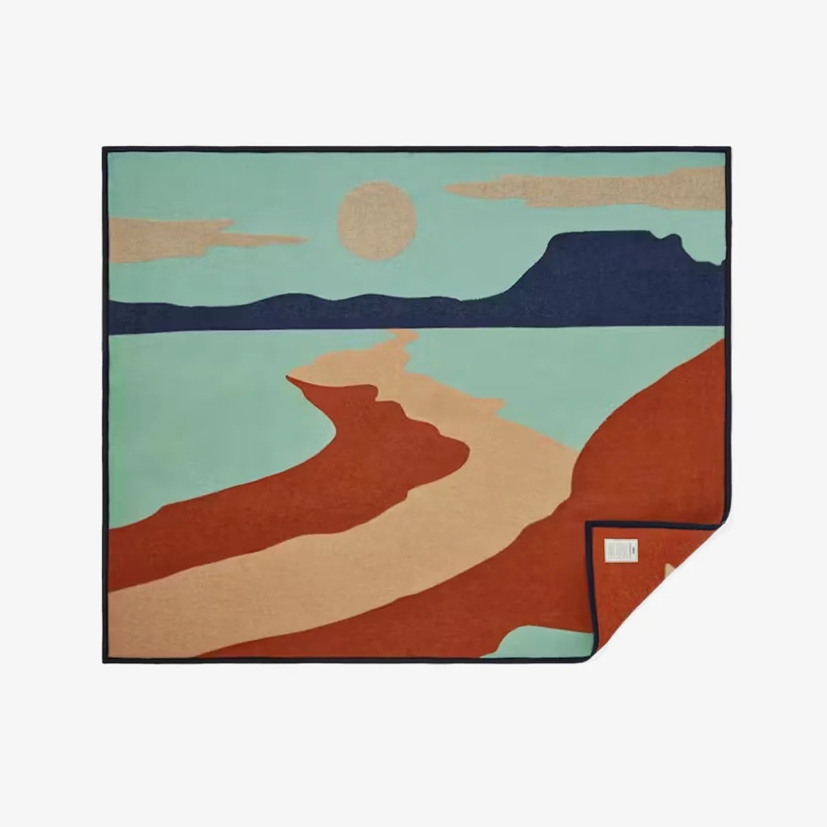 Rectangular rug with abstract landscape design in teal, rust, beige, and navy blue colors.