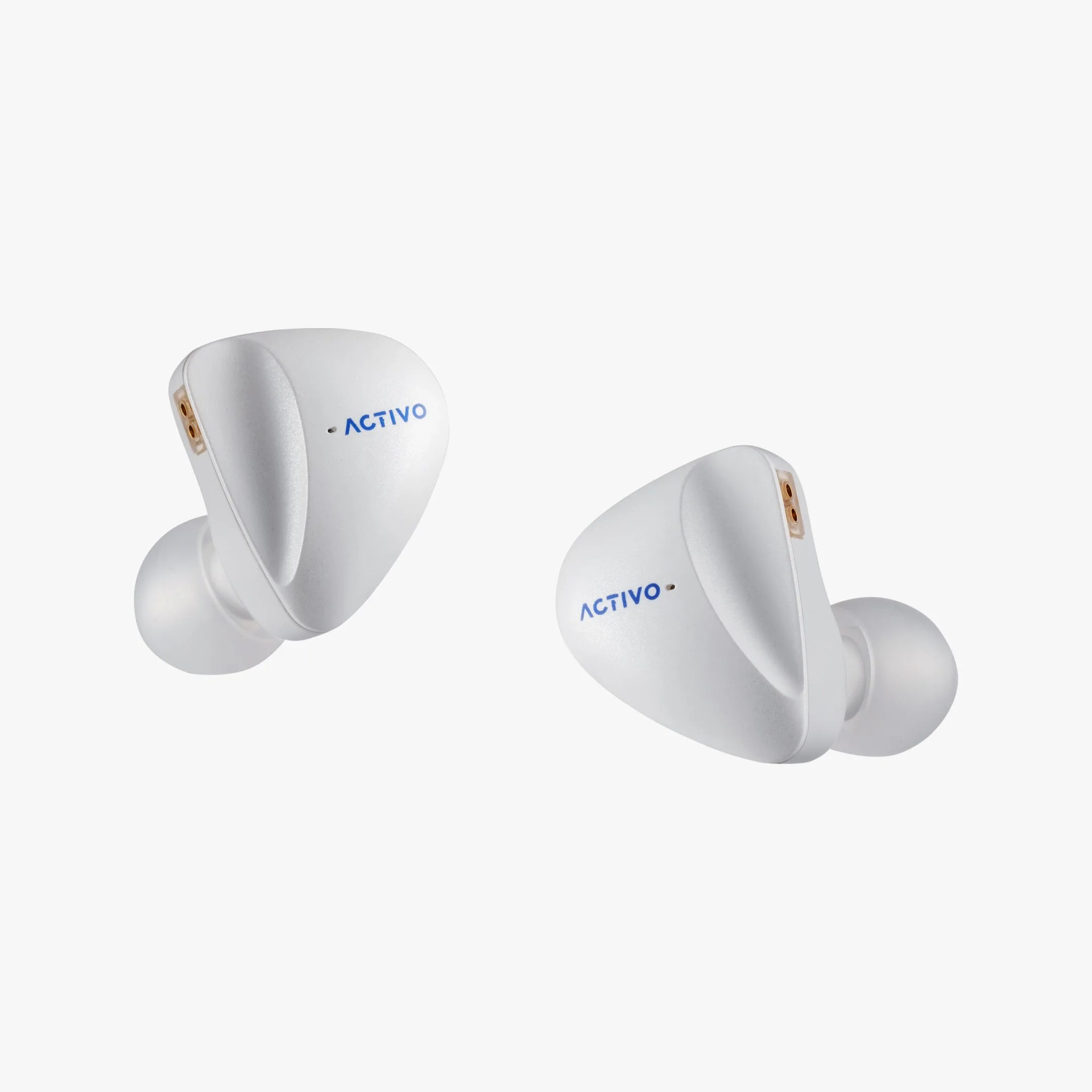 Pair of white wireless earbuds with blue "ACTIVO" logo and silicone ear tips.