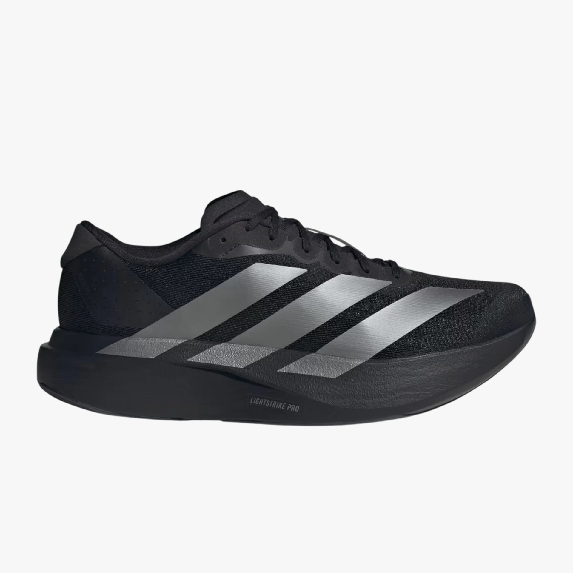 Black running shoe with silver Adidas stripes and thick black sole labeled Lightstrike Pro.