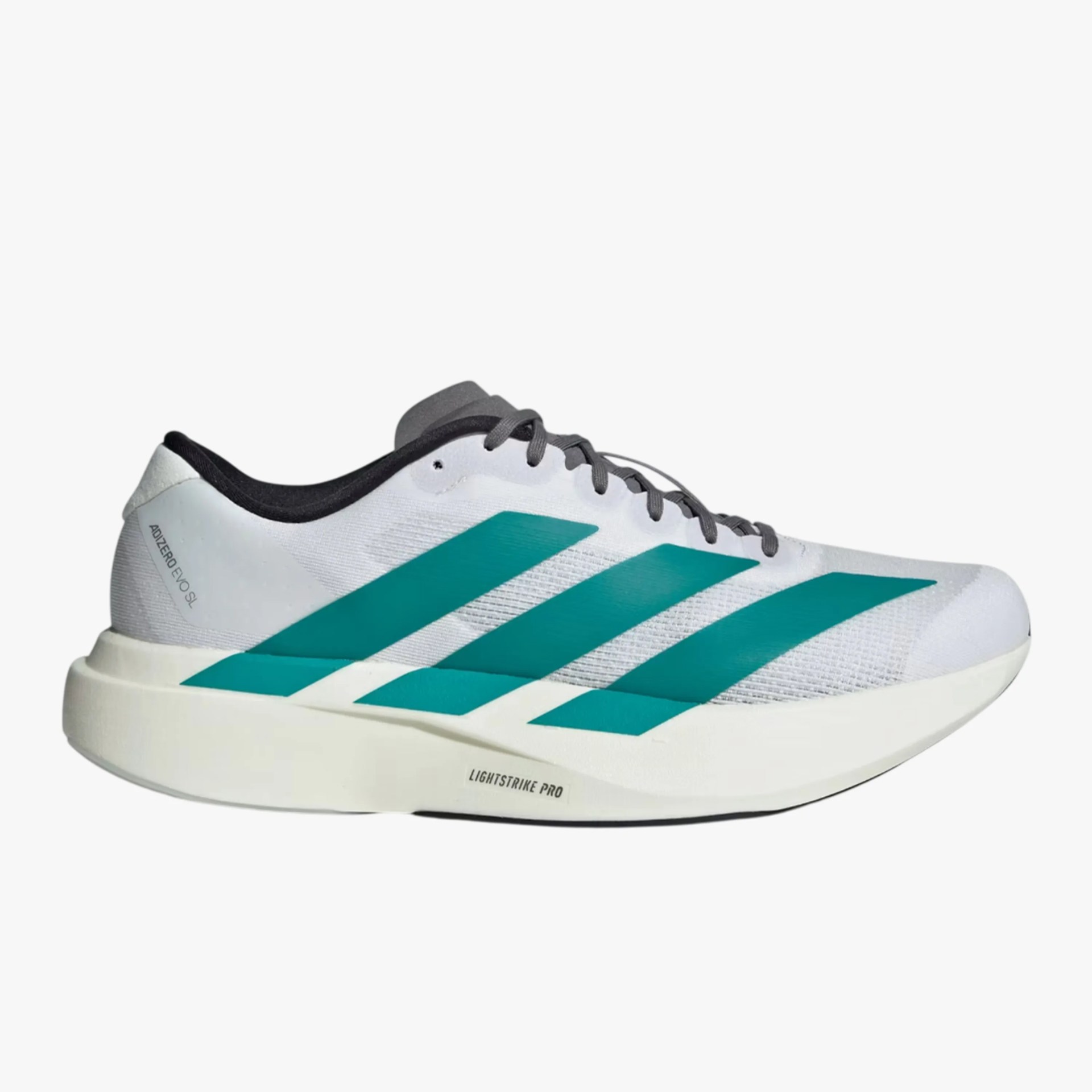 White Adidas Adizero SL running shoe with teal stripes and Lightstrike Pro sole.