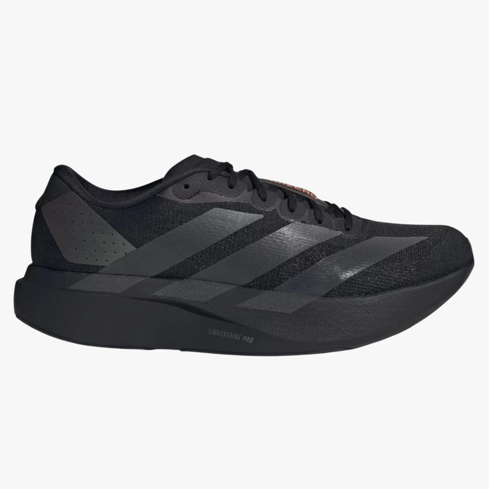 Black Adidas running shoe with dark gray stripes and thick sole labeled "Lightstrike Pro.