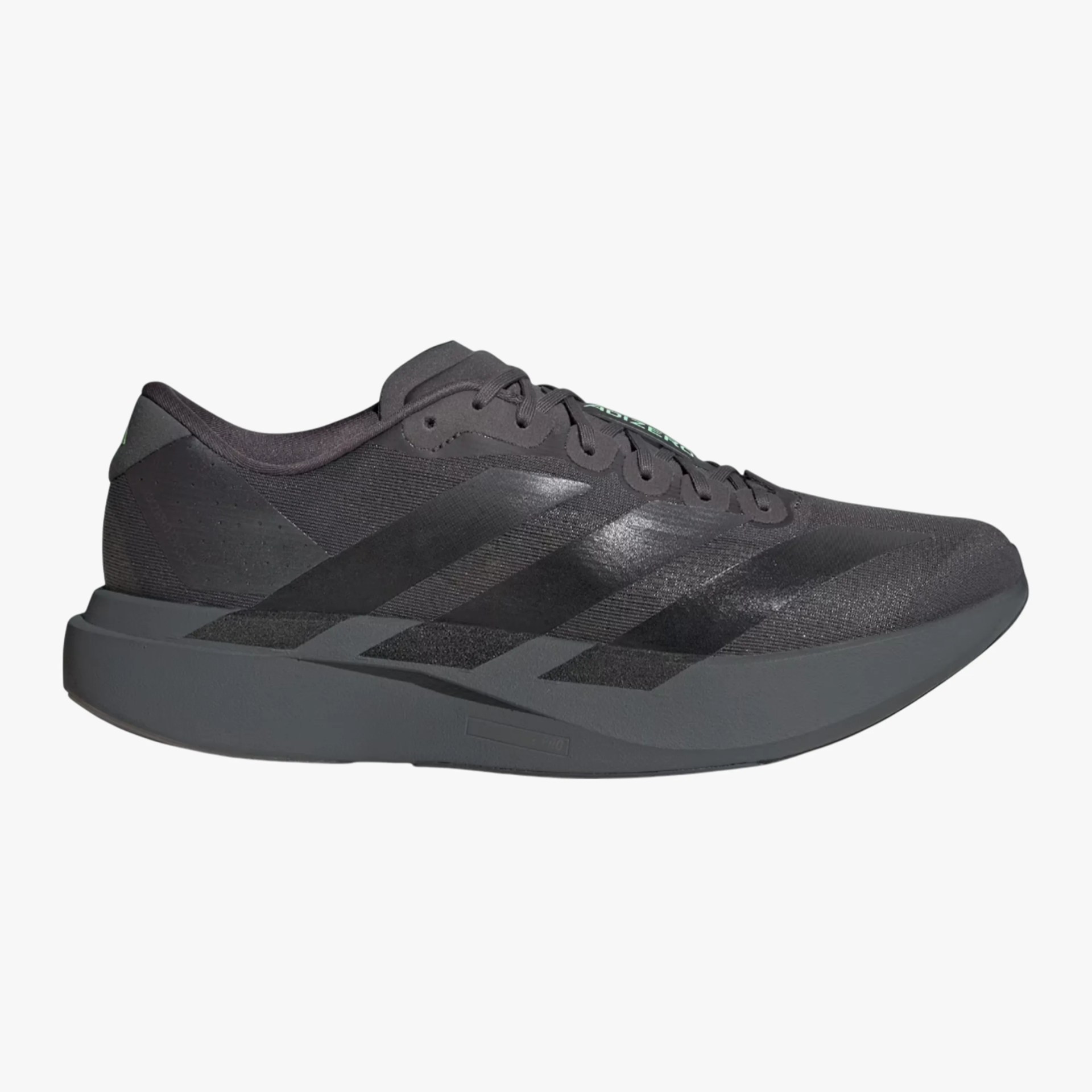 Black low-top running shoe with dark gray sole and subtle black stripes on the side.