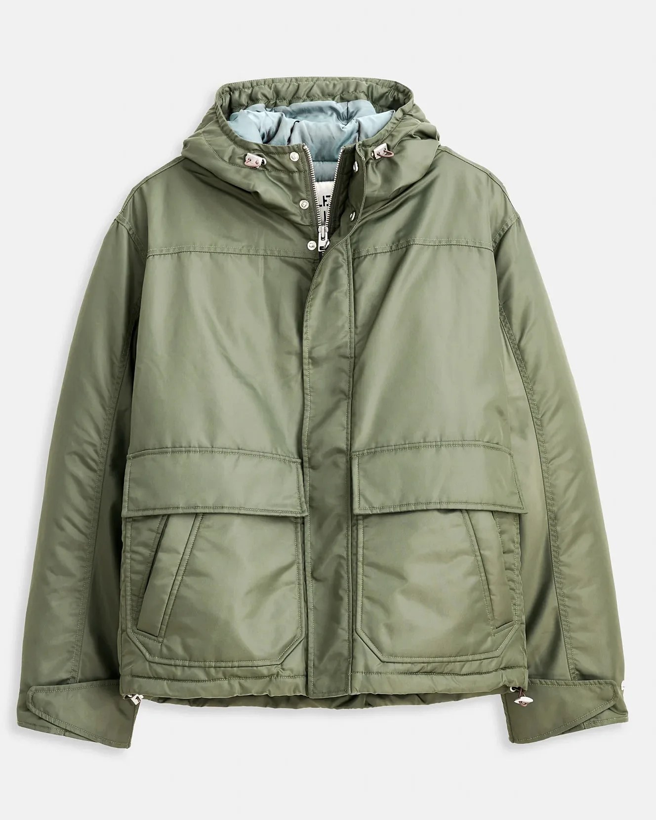 Olive green padded jacket with hood, front zipper, snap buttons, and large flap pockets.
