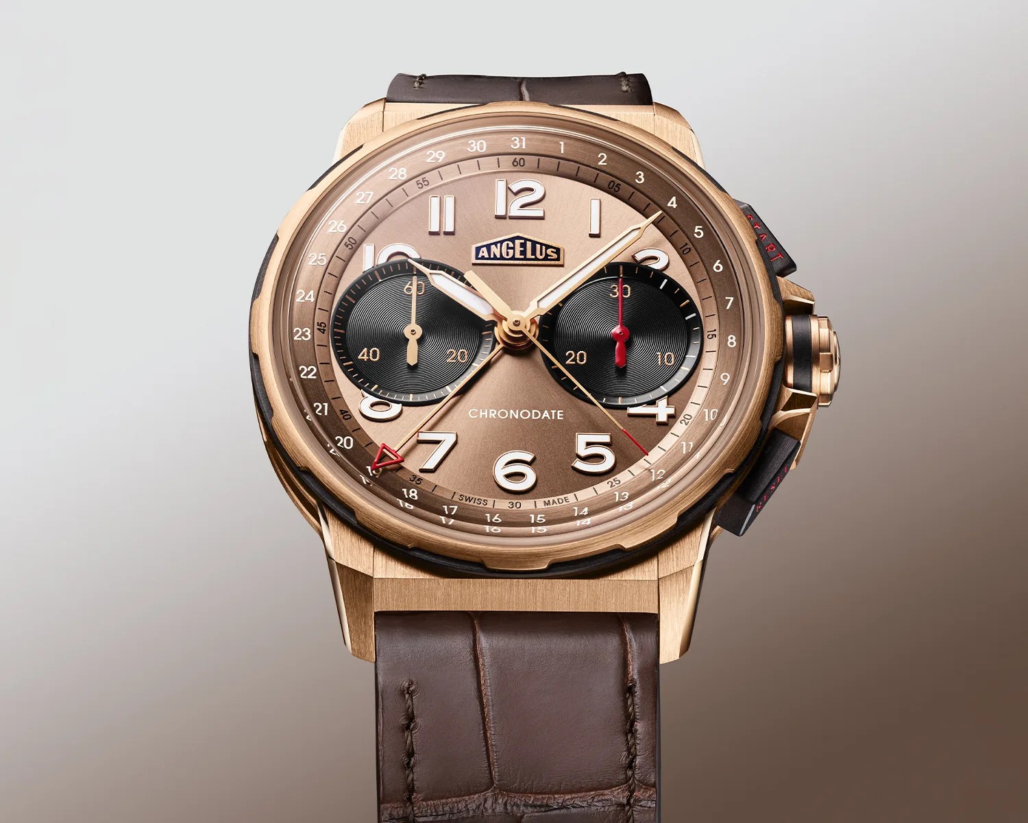 Rose gold Angelus Chronodate watch with brown dial, black subdials, and brown leather strap.